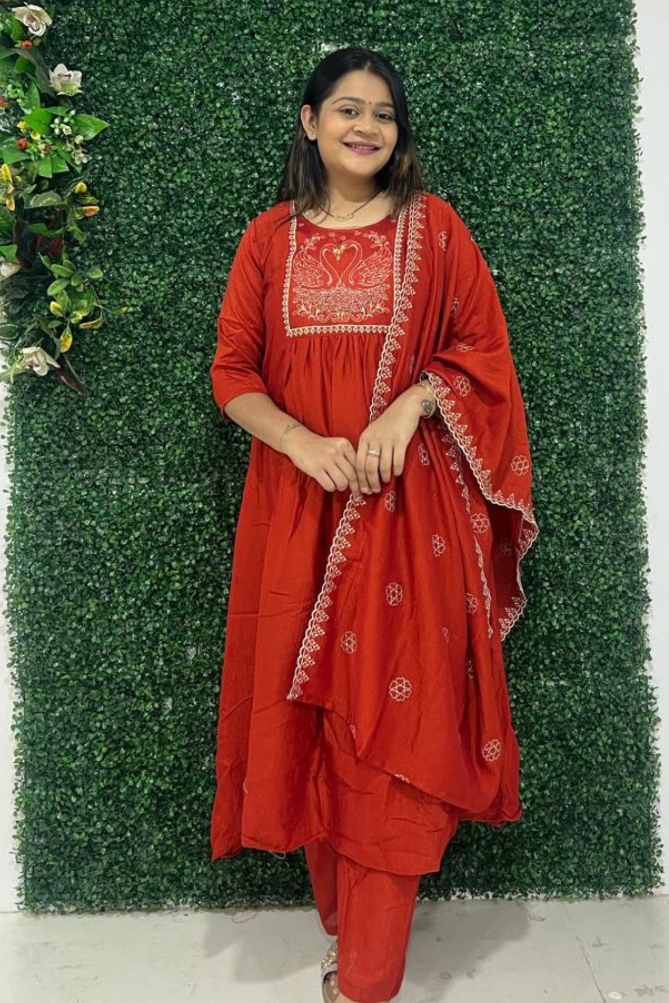 rust art silk embroidery kurta set