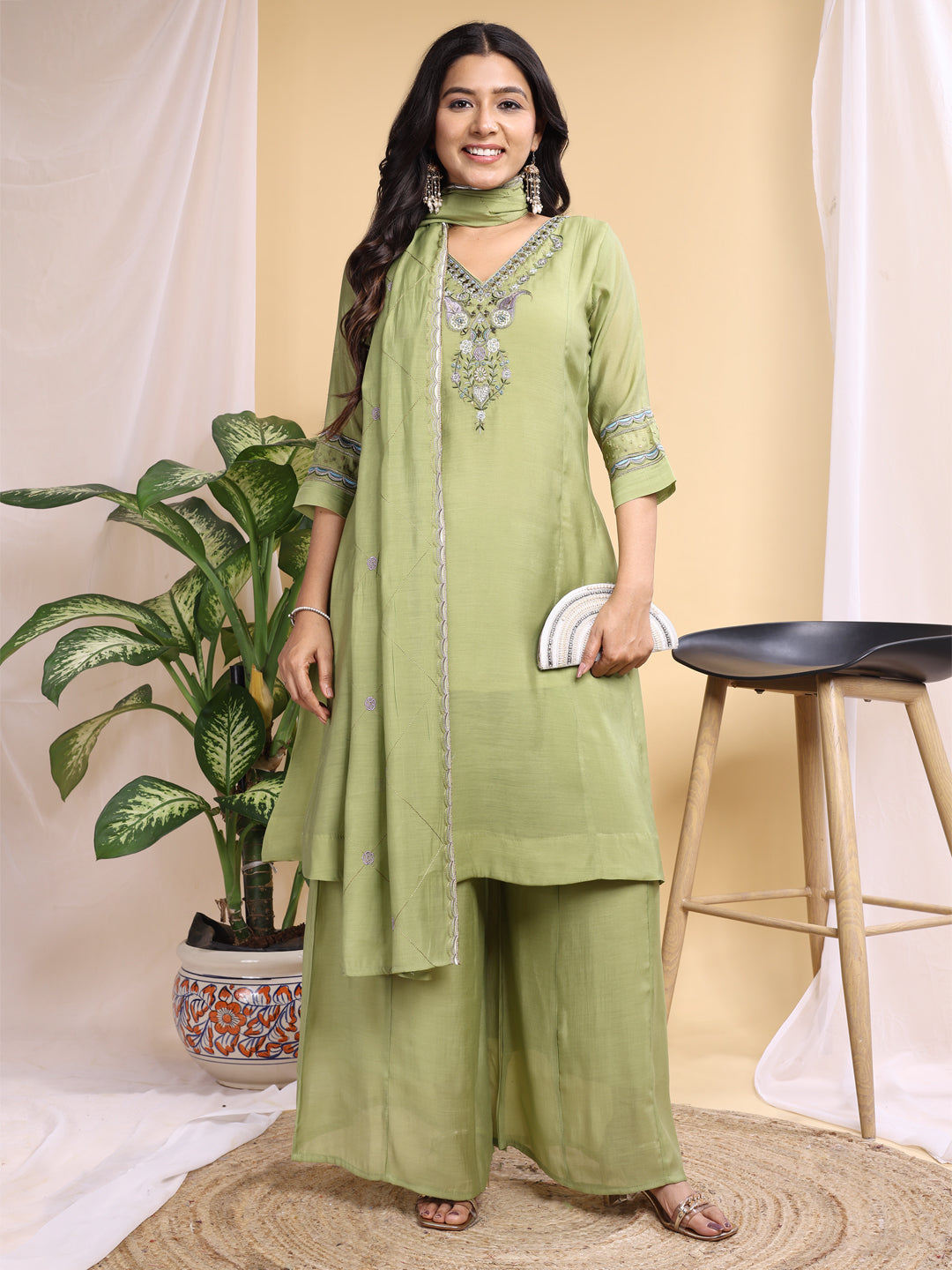 Pista Mal Cotton Embroidery With Hand Work Kurta Set