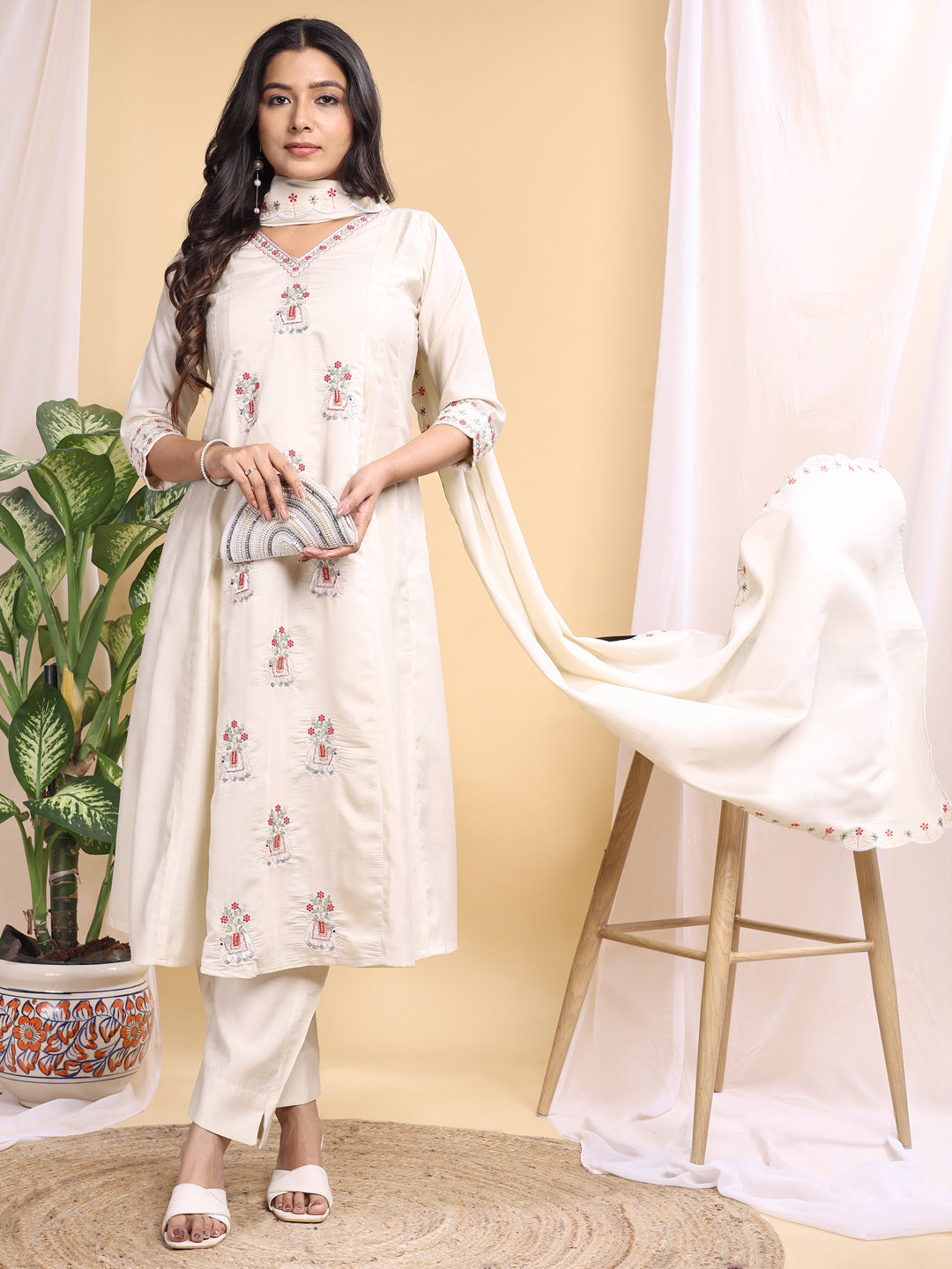 cream silk embroidery with hand work kurta set