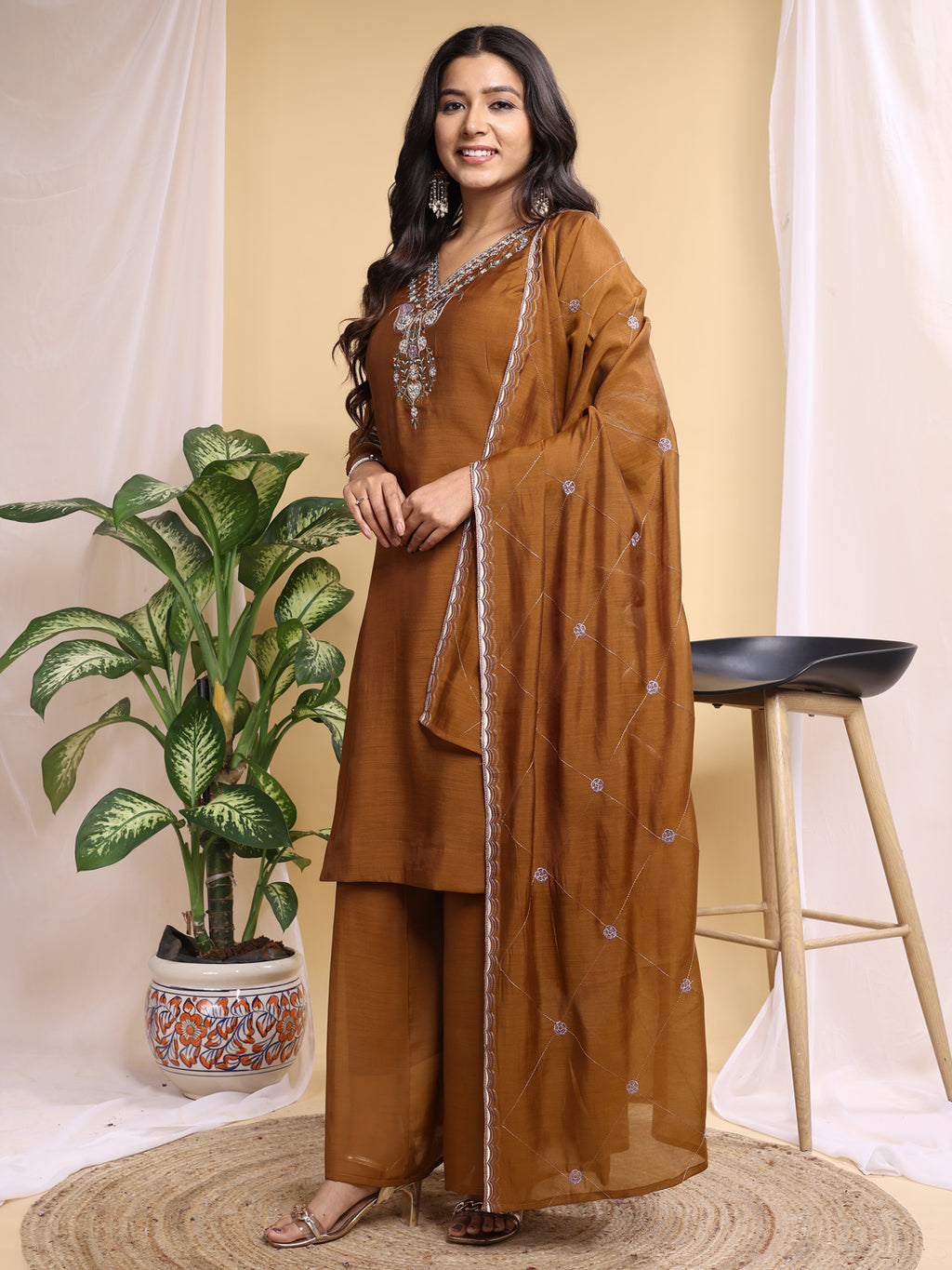 Copper Mal Cotton Embroidery With Hand Work Kurta Set
