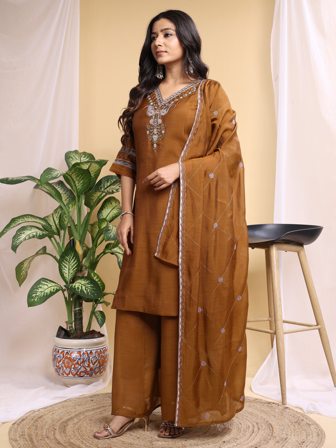 Copper Mal Cotton Embroidery With Hand Work Kurta Set