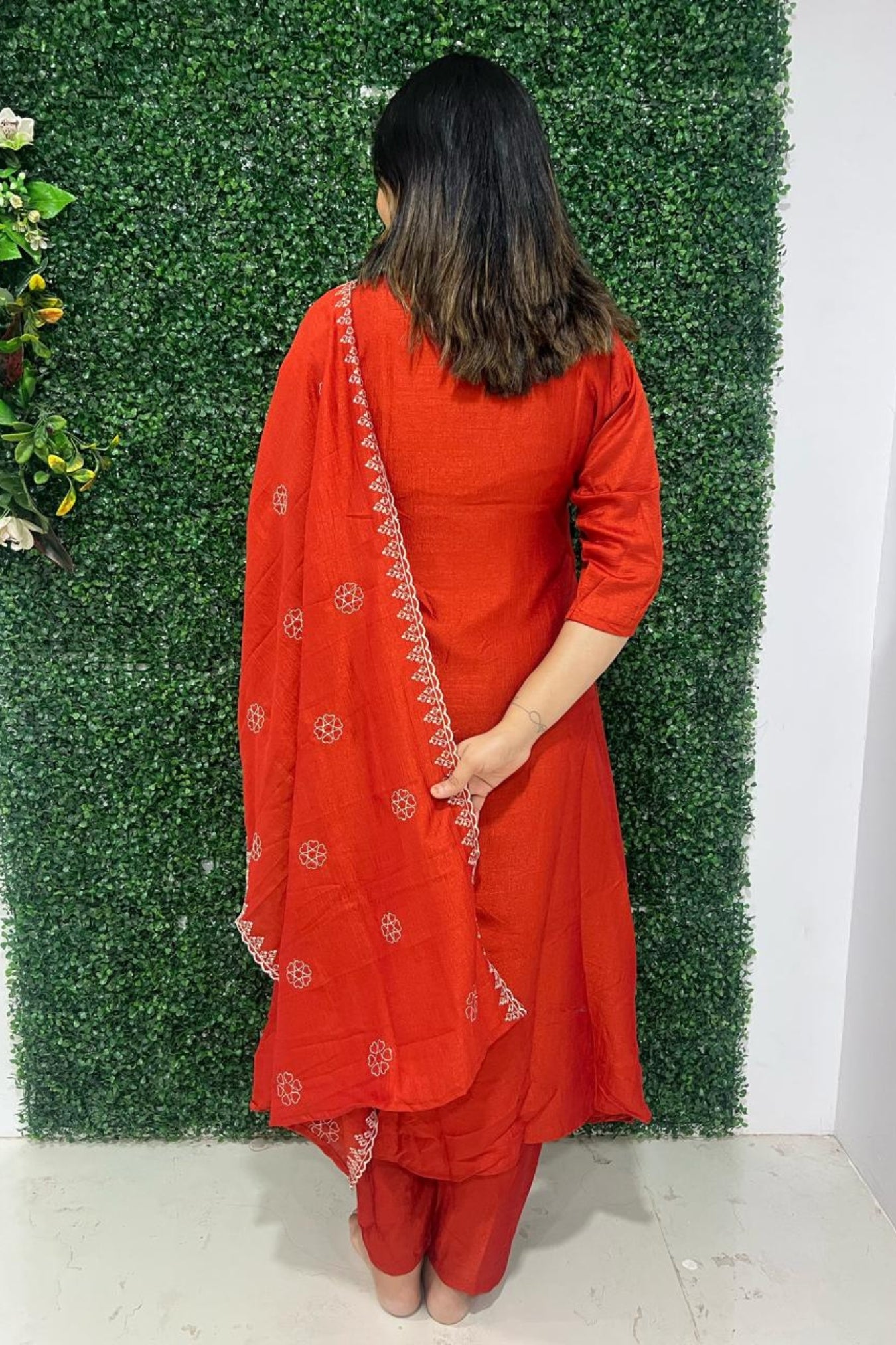 rust art silk embroidery kurta set