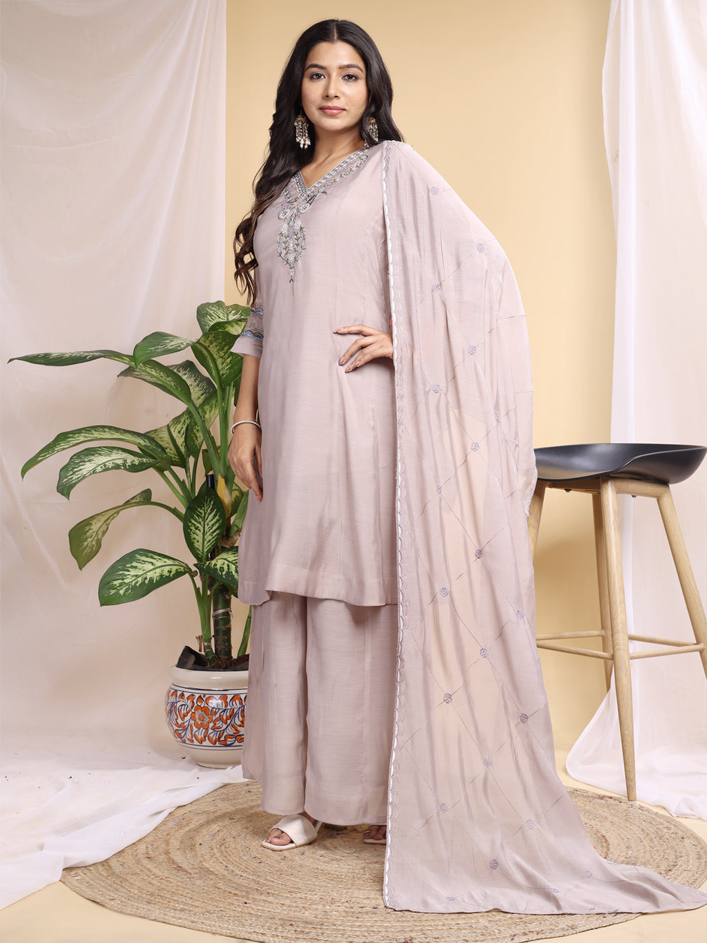 Pink Mal Cotton Embroidery With Hand Work Kurta Set