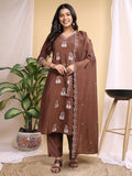 Brown Silk embroidery Kurta set with Dupatta