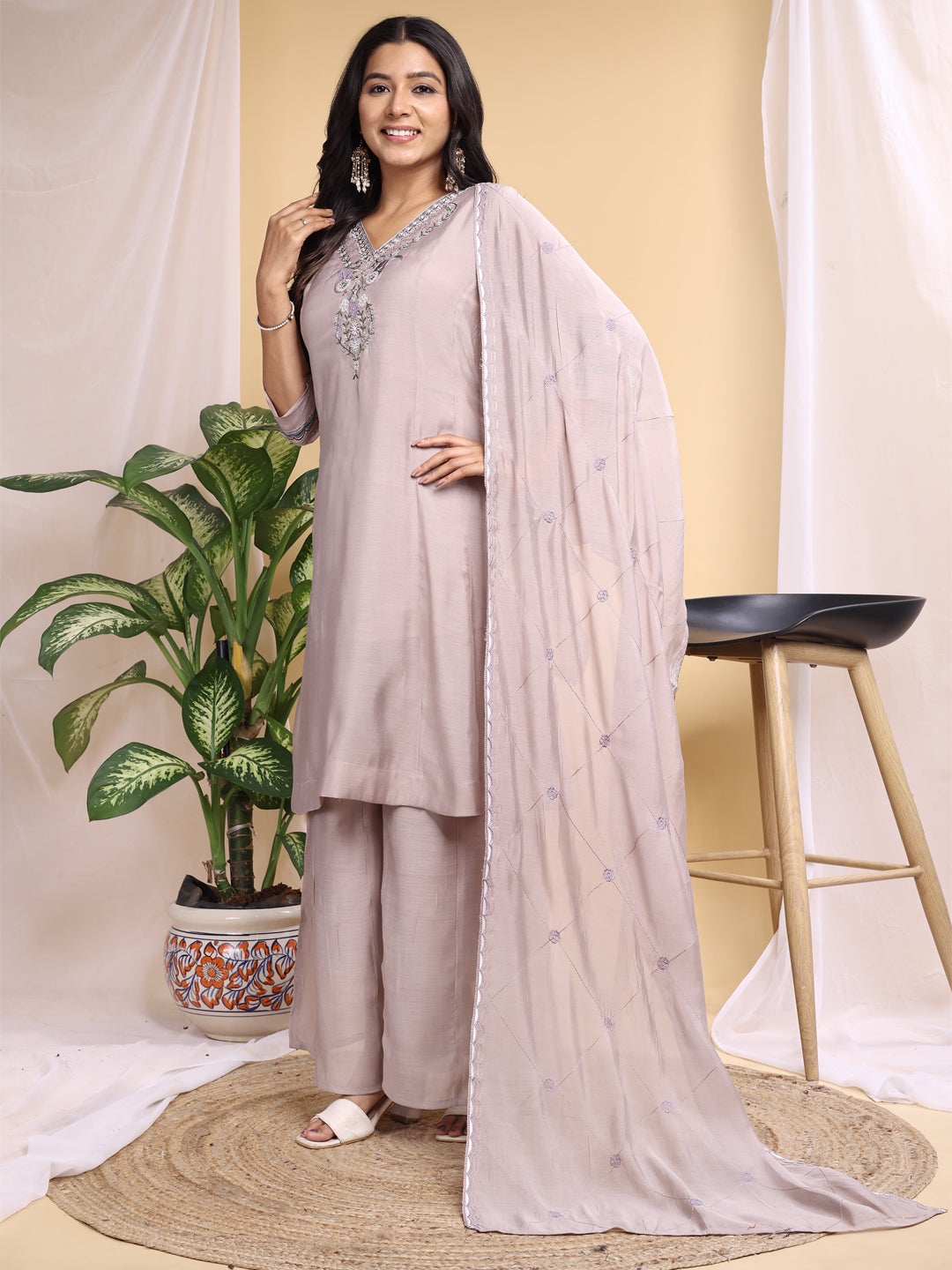 Pink Mal Cotton Embroidery With Hand Work Kurta Set