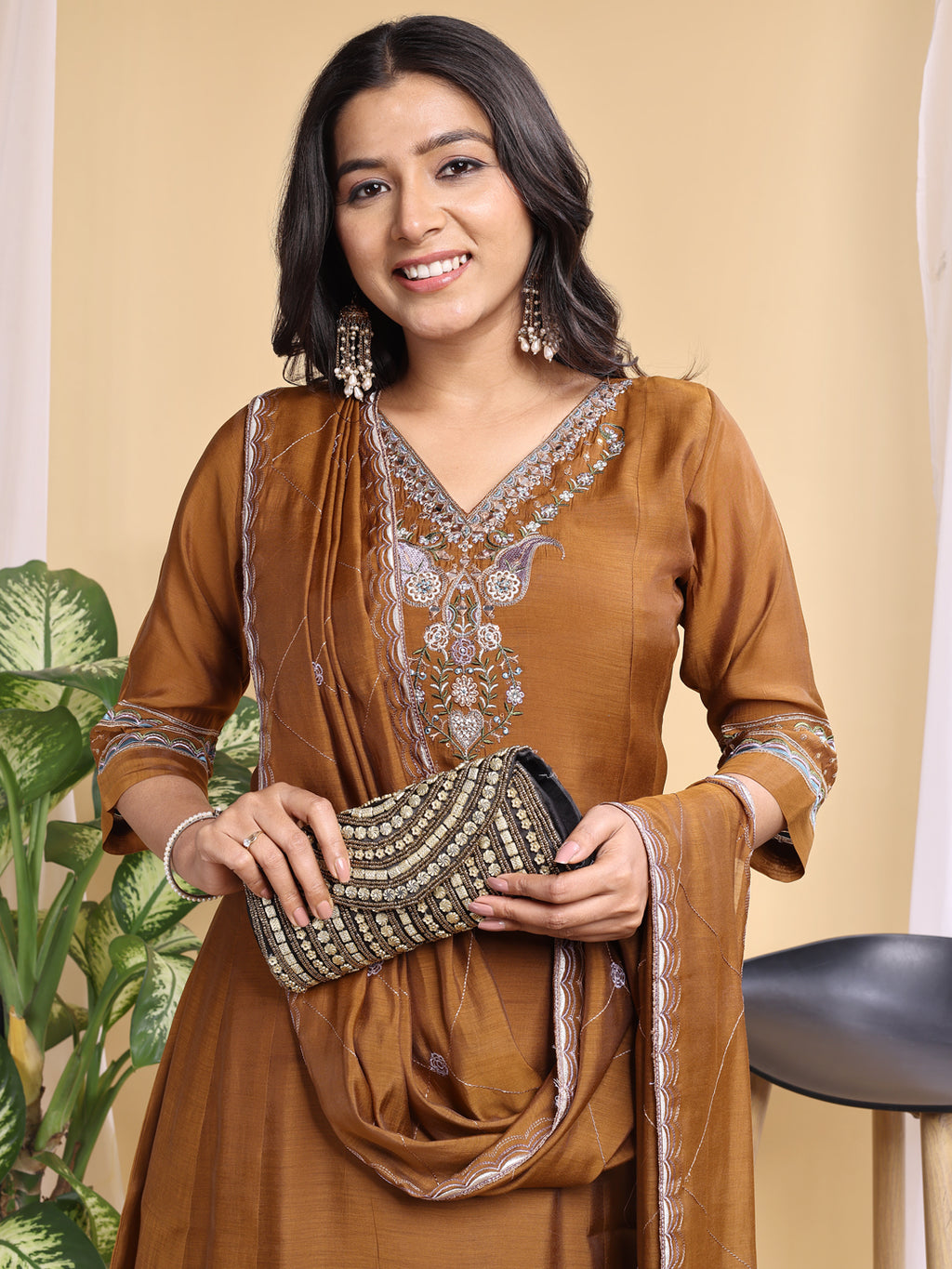 Copper Mal Cotton Embroidery With Hand Work Kurta Set