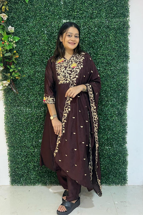 brown art silk embroidery kurta set