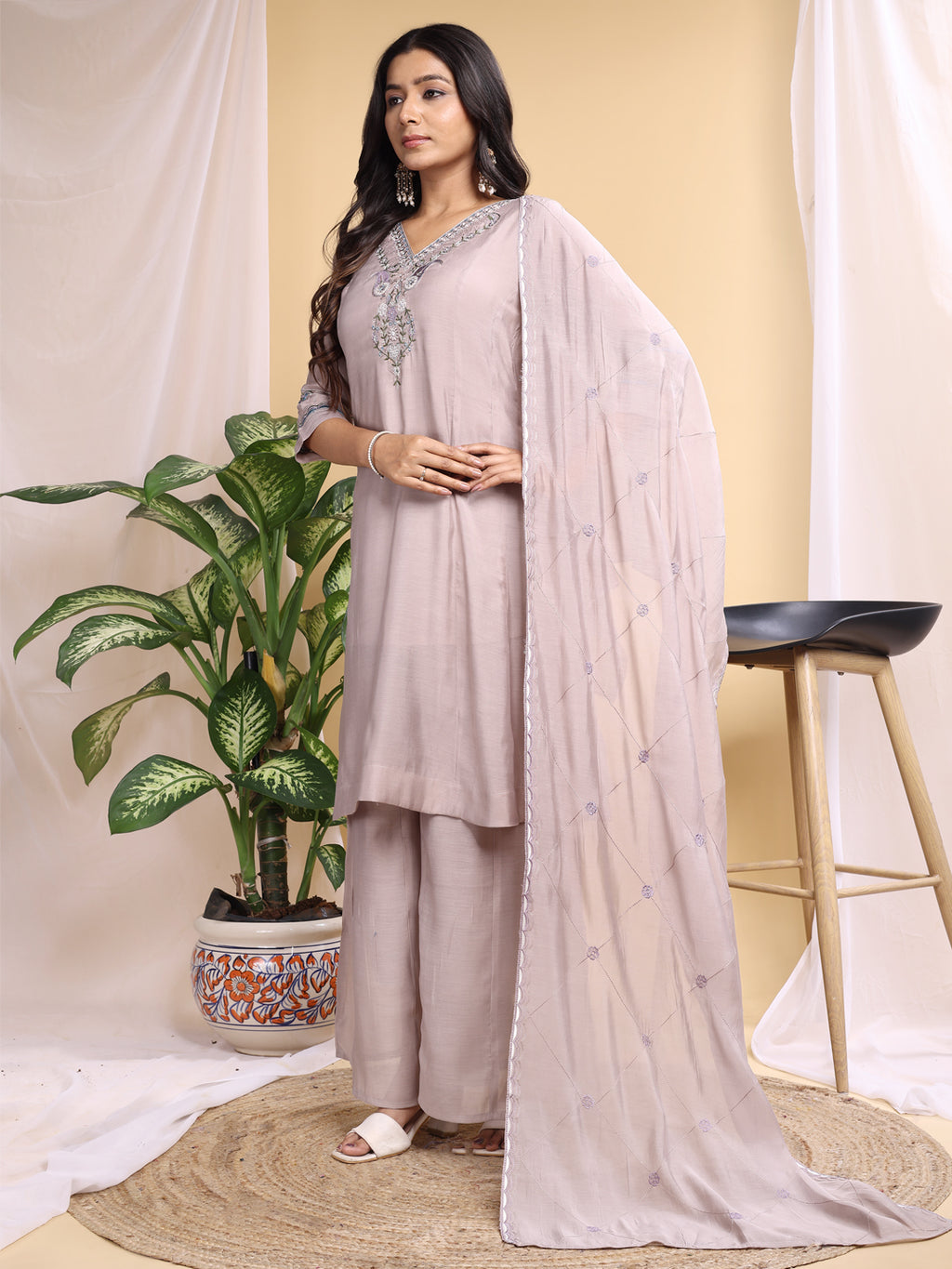 Pink Mal Cotton Embroidery With Hand Work Kurta Set
