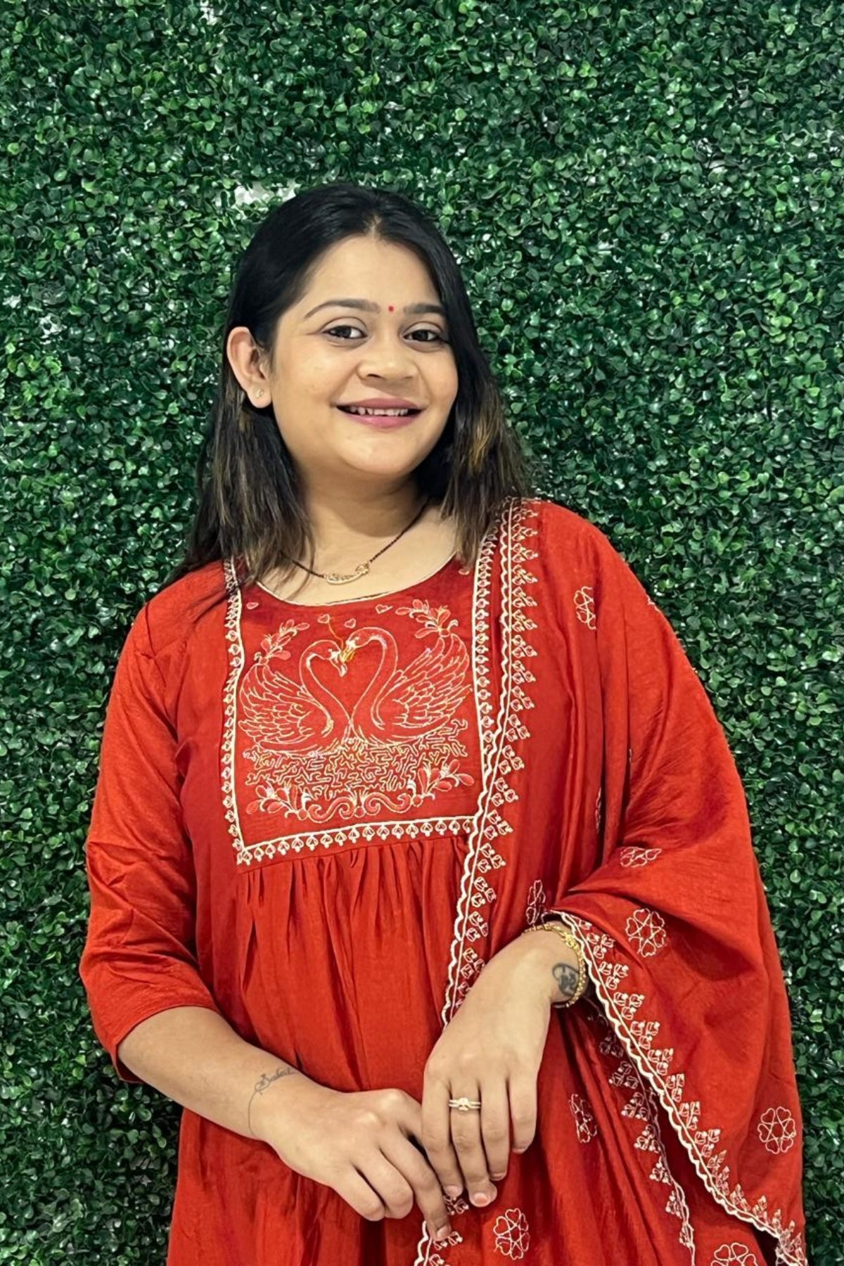 rust art silk embroidery kurta set