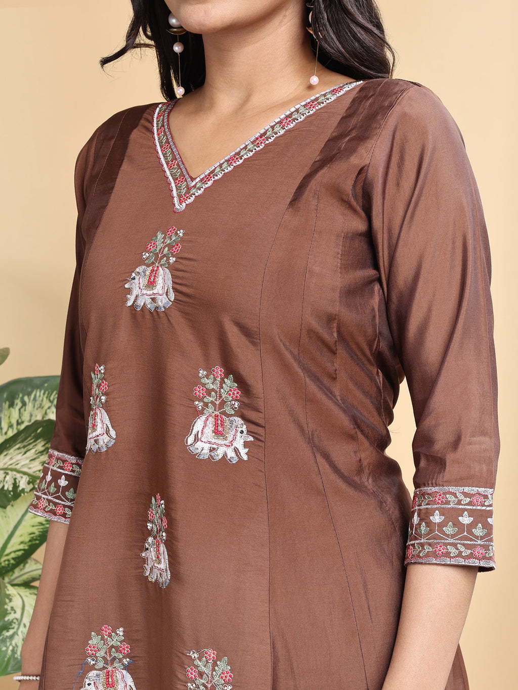 Brown Silk embroidery Kurta set with Dupatta