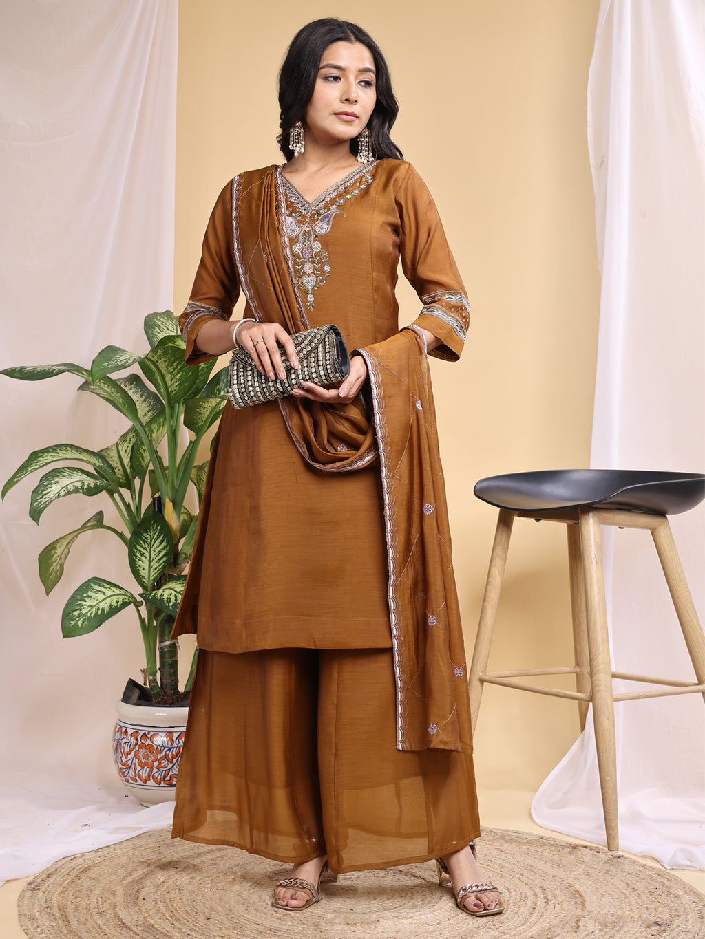 Copper Mal Cotton Embroidery With Hand Work Kurta Set
