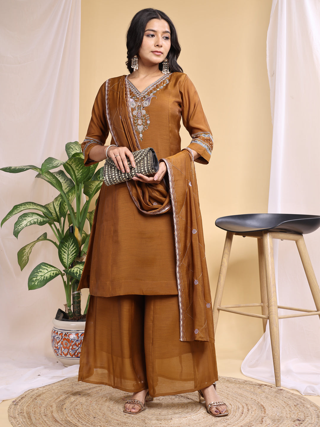 Copper Mal Cotton Embroidery With Hand Work Kurta Set