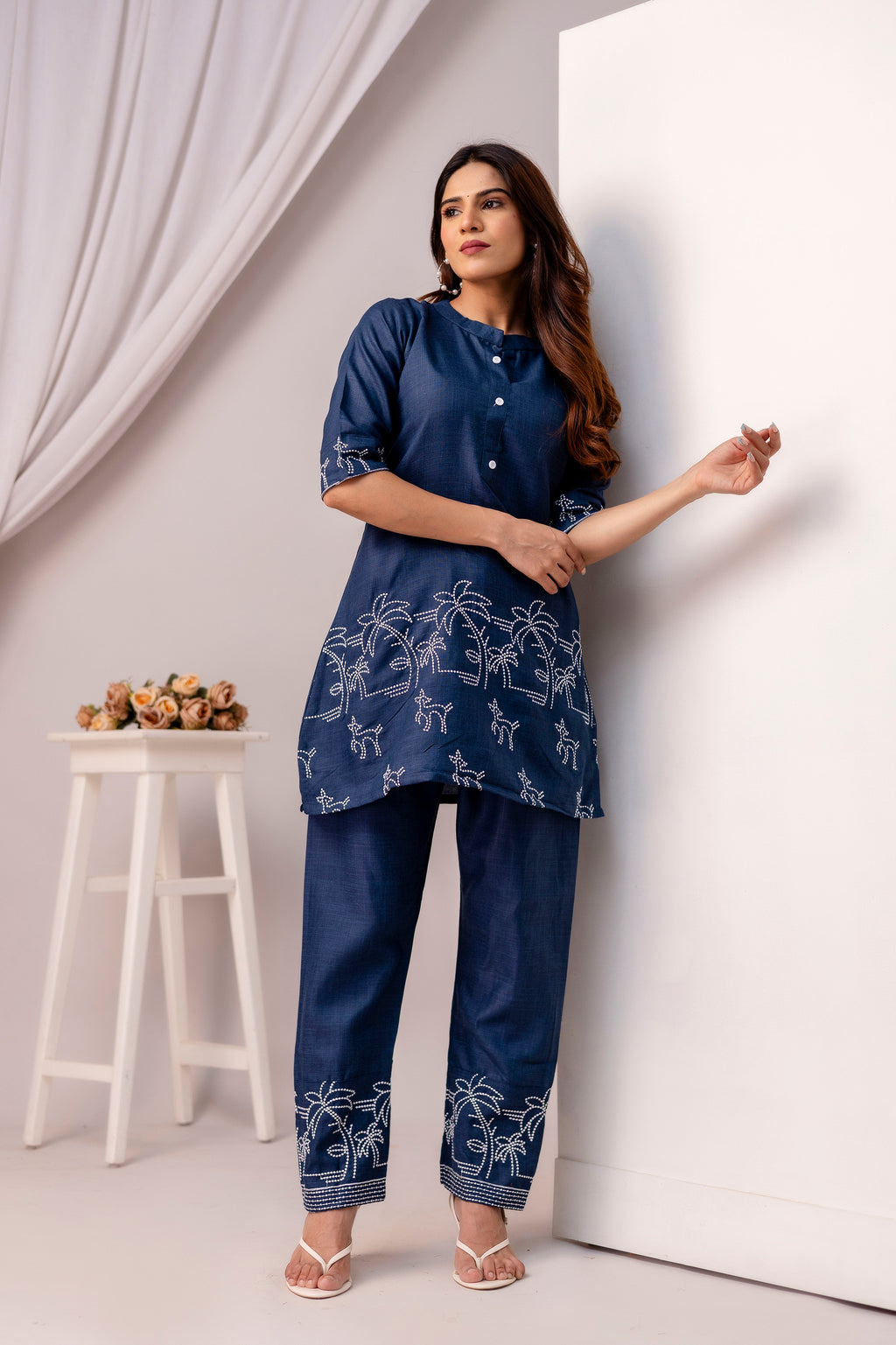 Blue cotton Embroidered co-ord sets