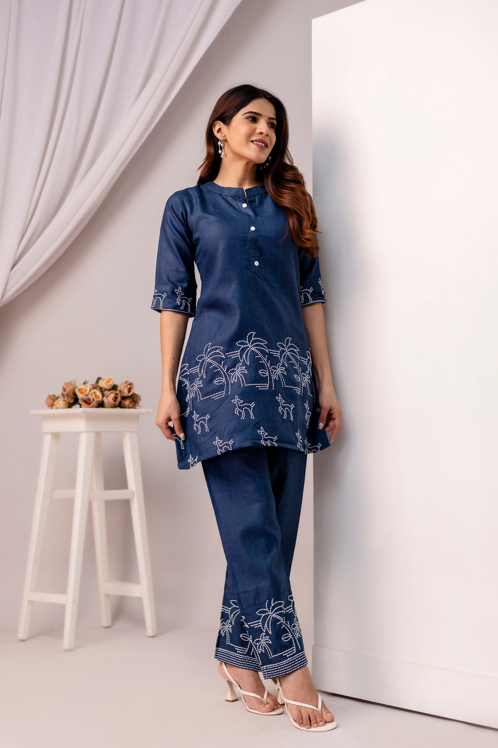 Blue cotton Embroidered co-ord sets