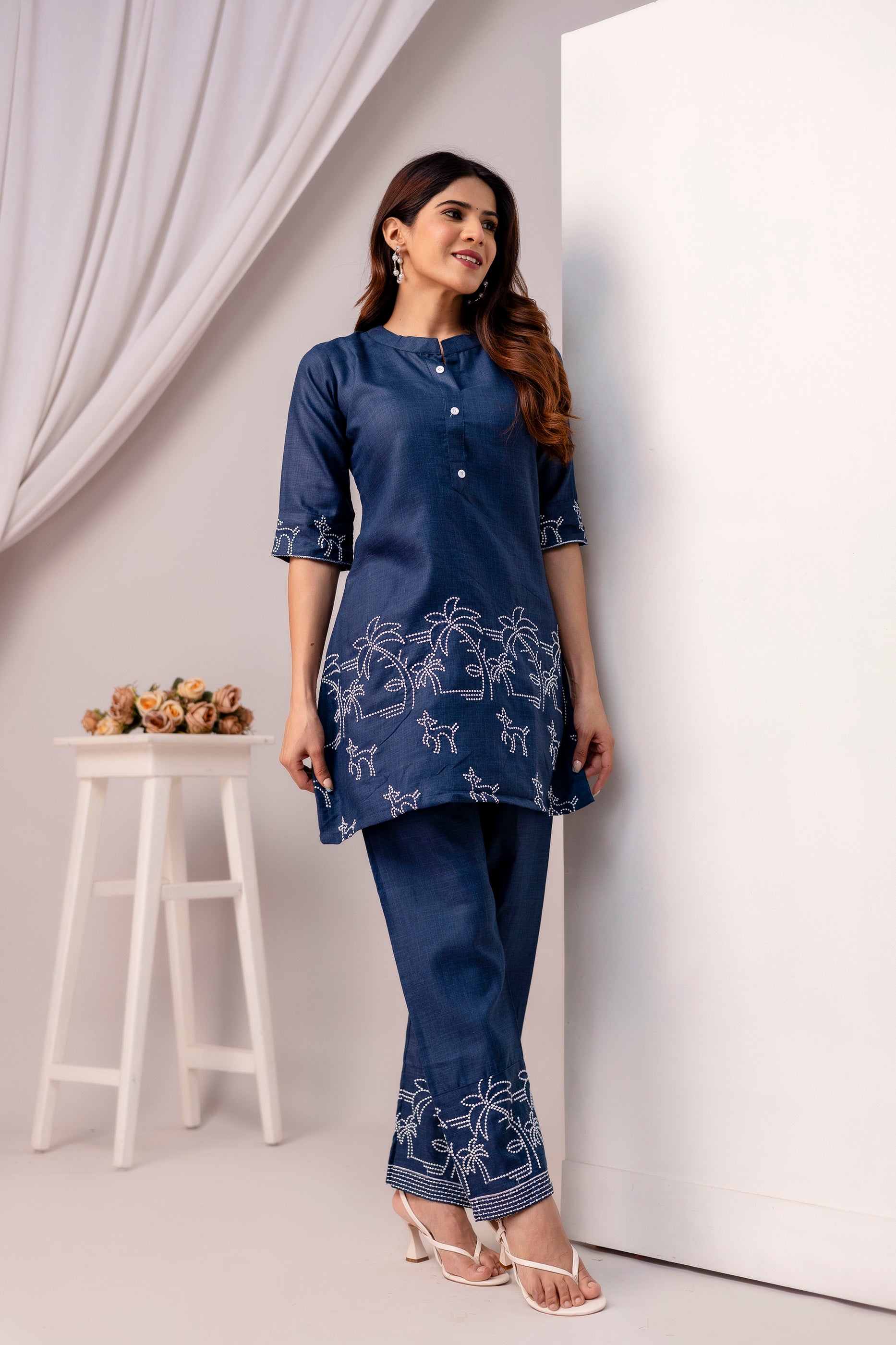 Blue cotton Embroidered co-ord sets