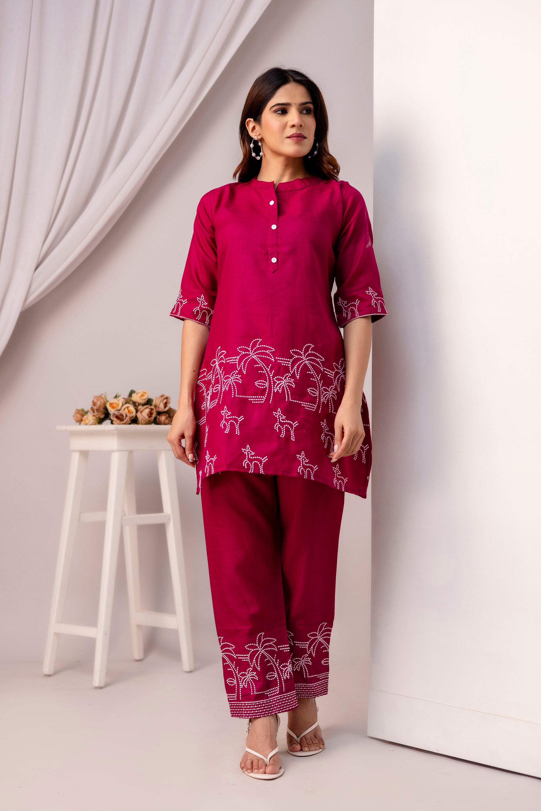 maroon cotton Embroidered co-ord sets