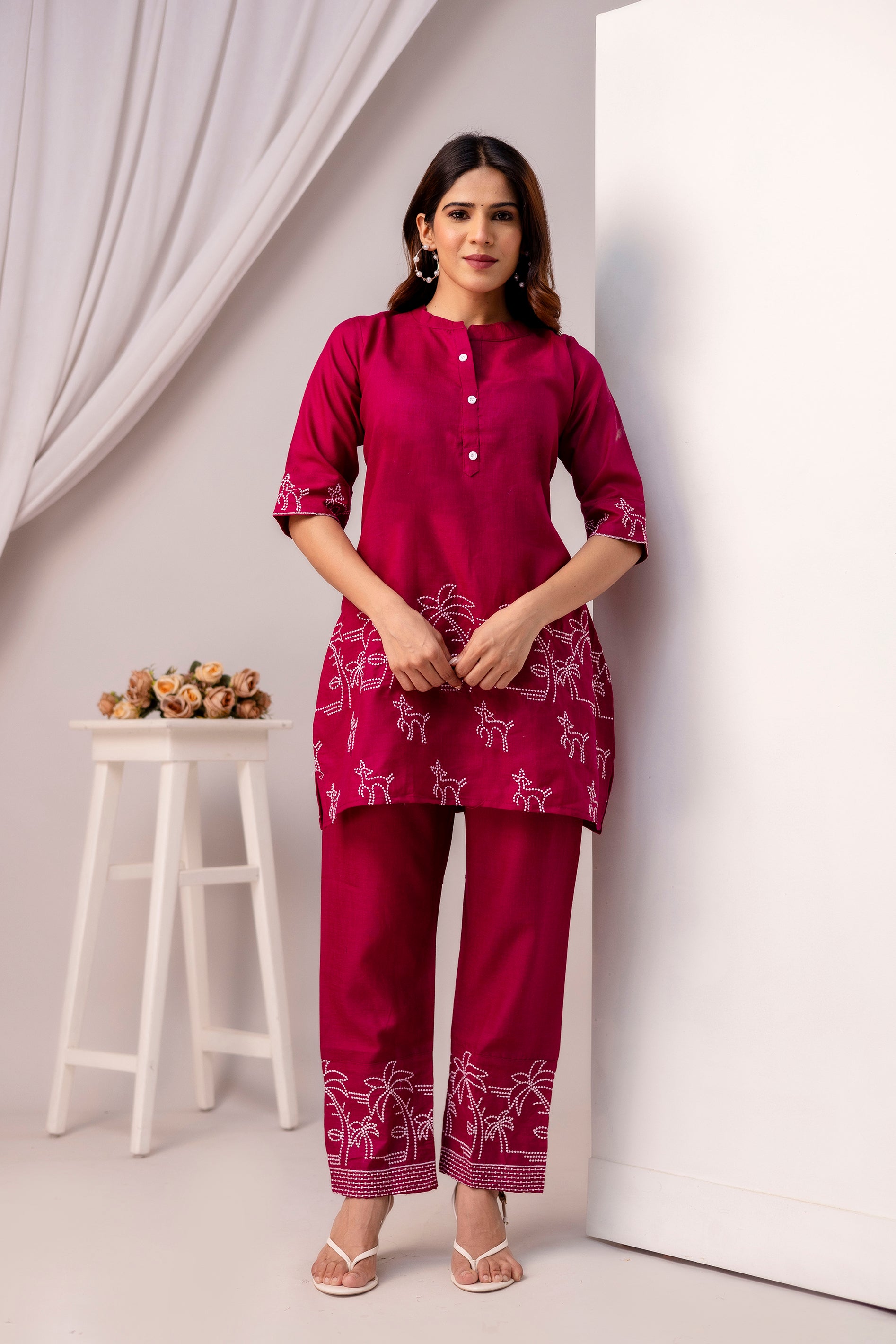 maroon cotton Embroidered co-ord sets