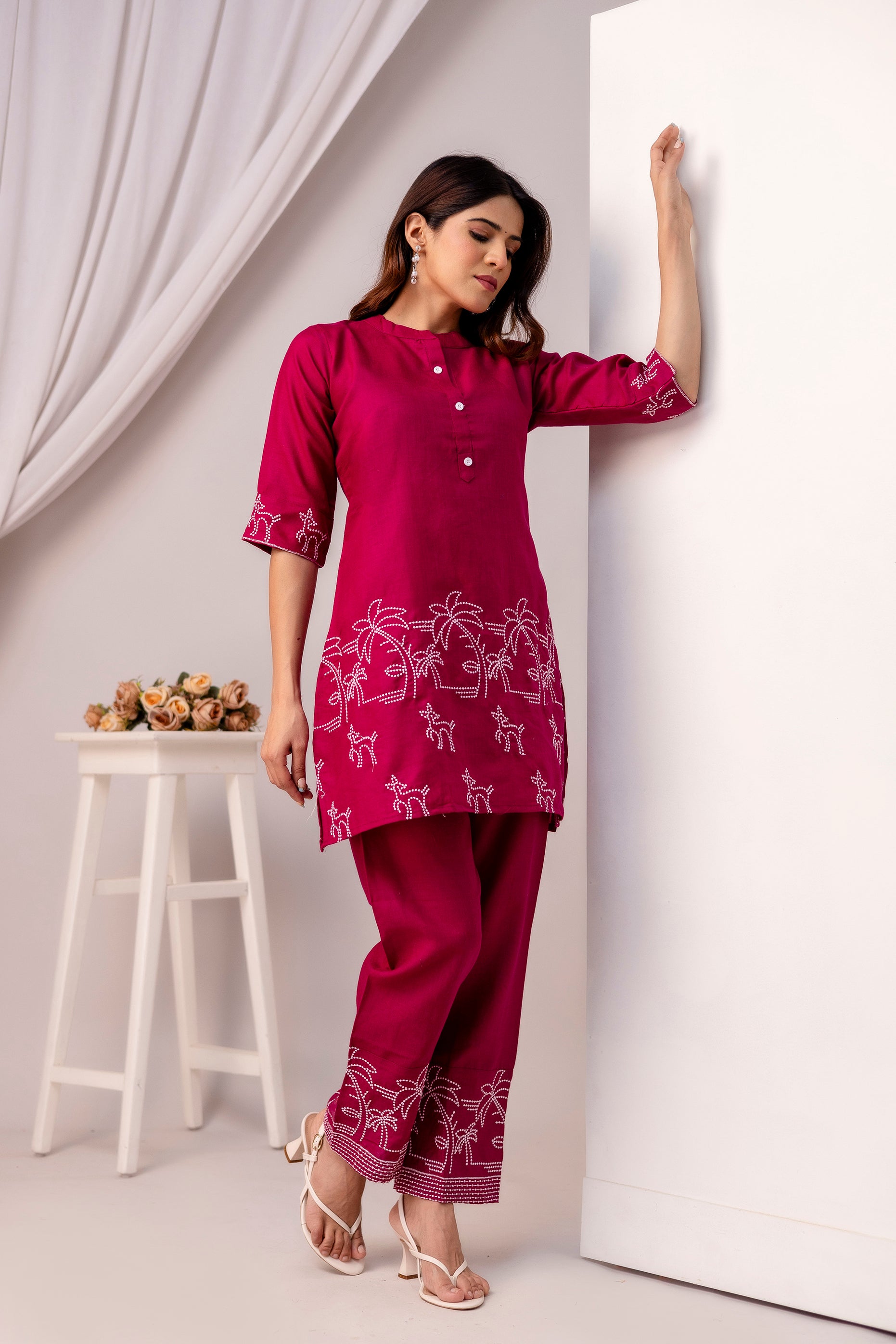 maroon cotton Embroidered co-ord sets
