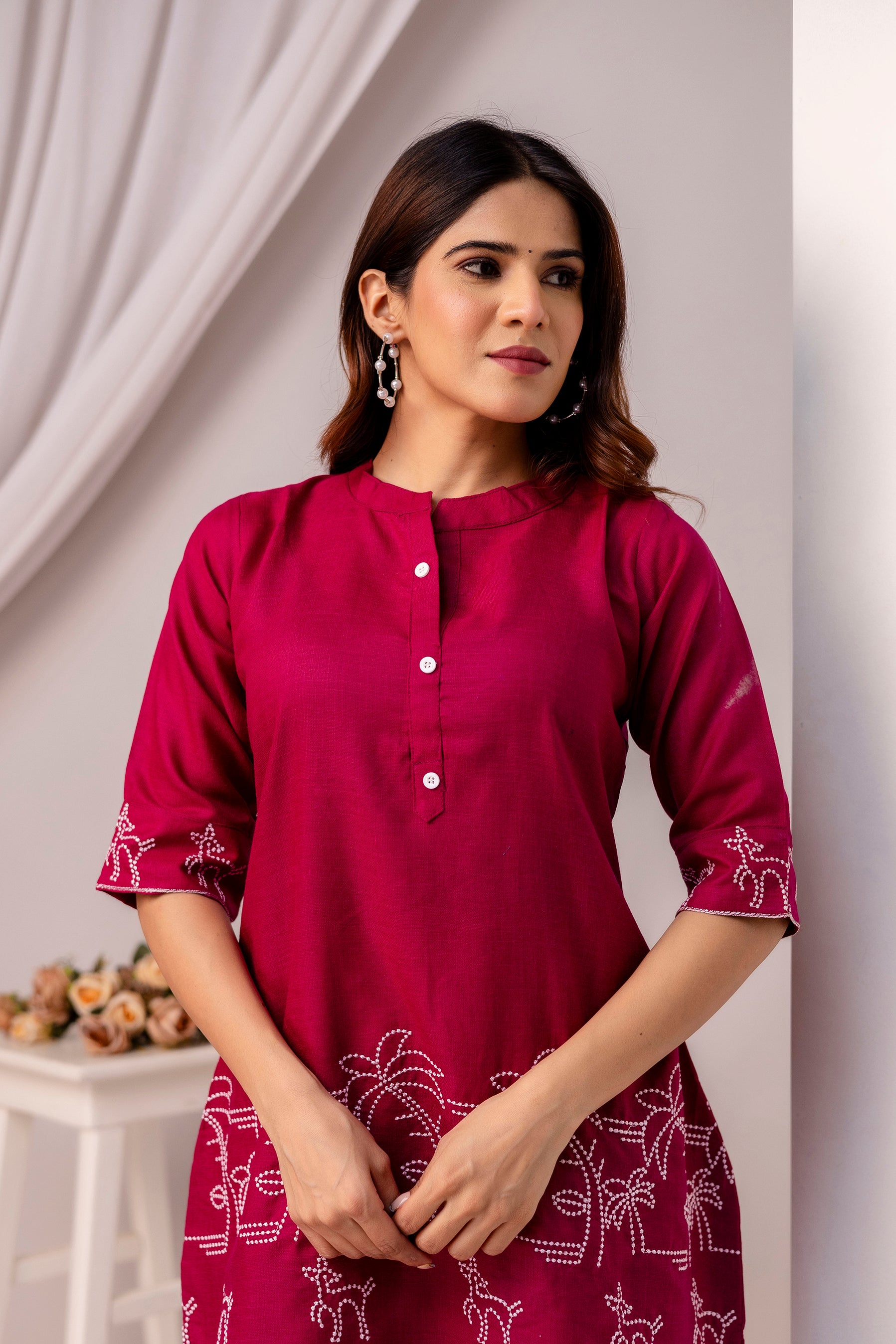 maroon cotton Embroidered co-ord sets