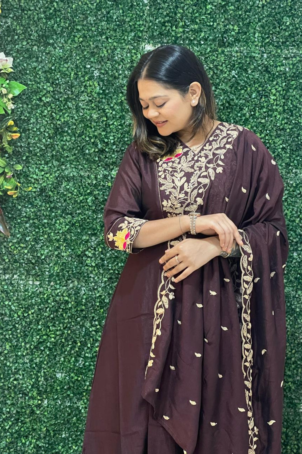 brown art silk embroidery kurta set