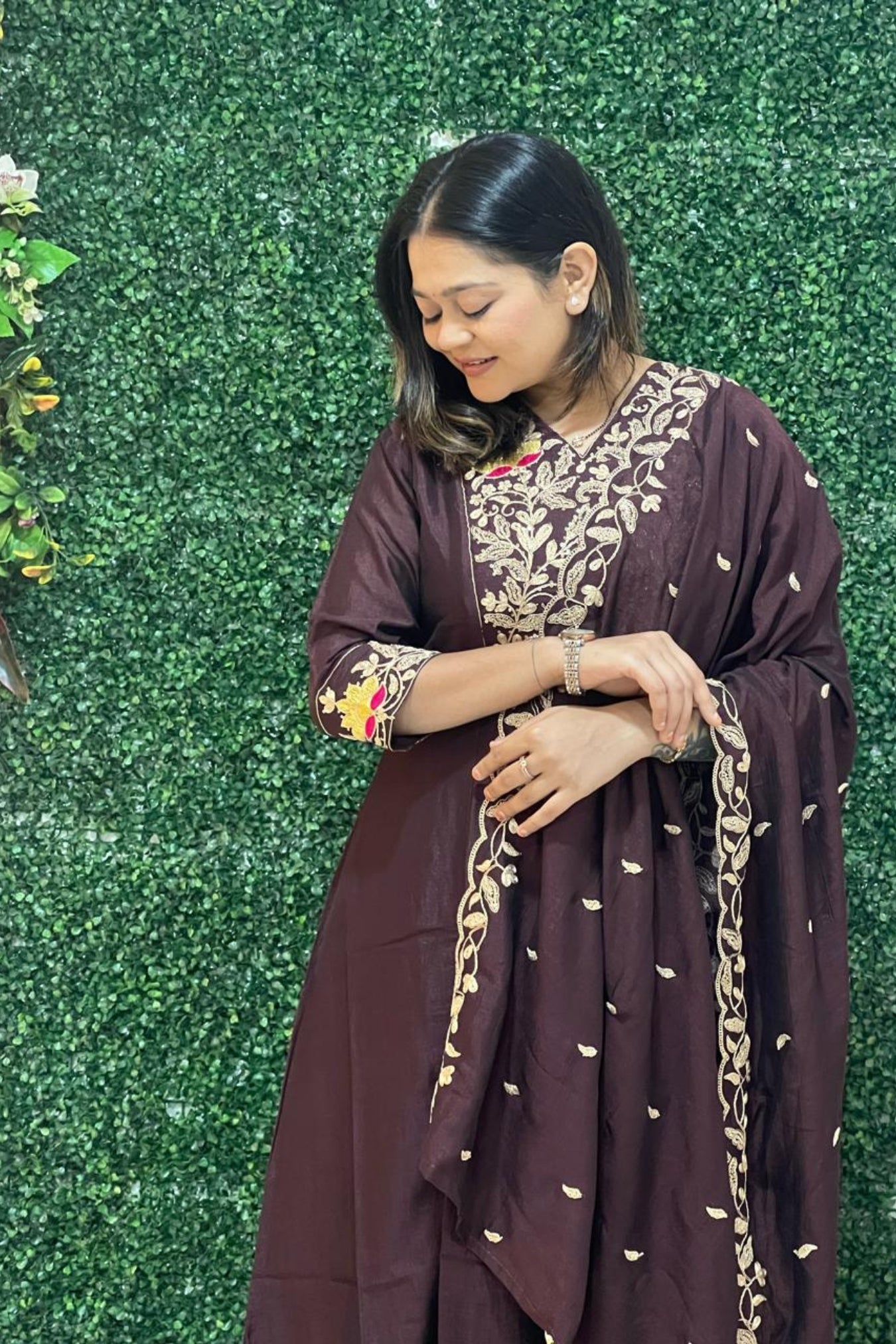 brown art silk embroidery kurta set