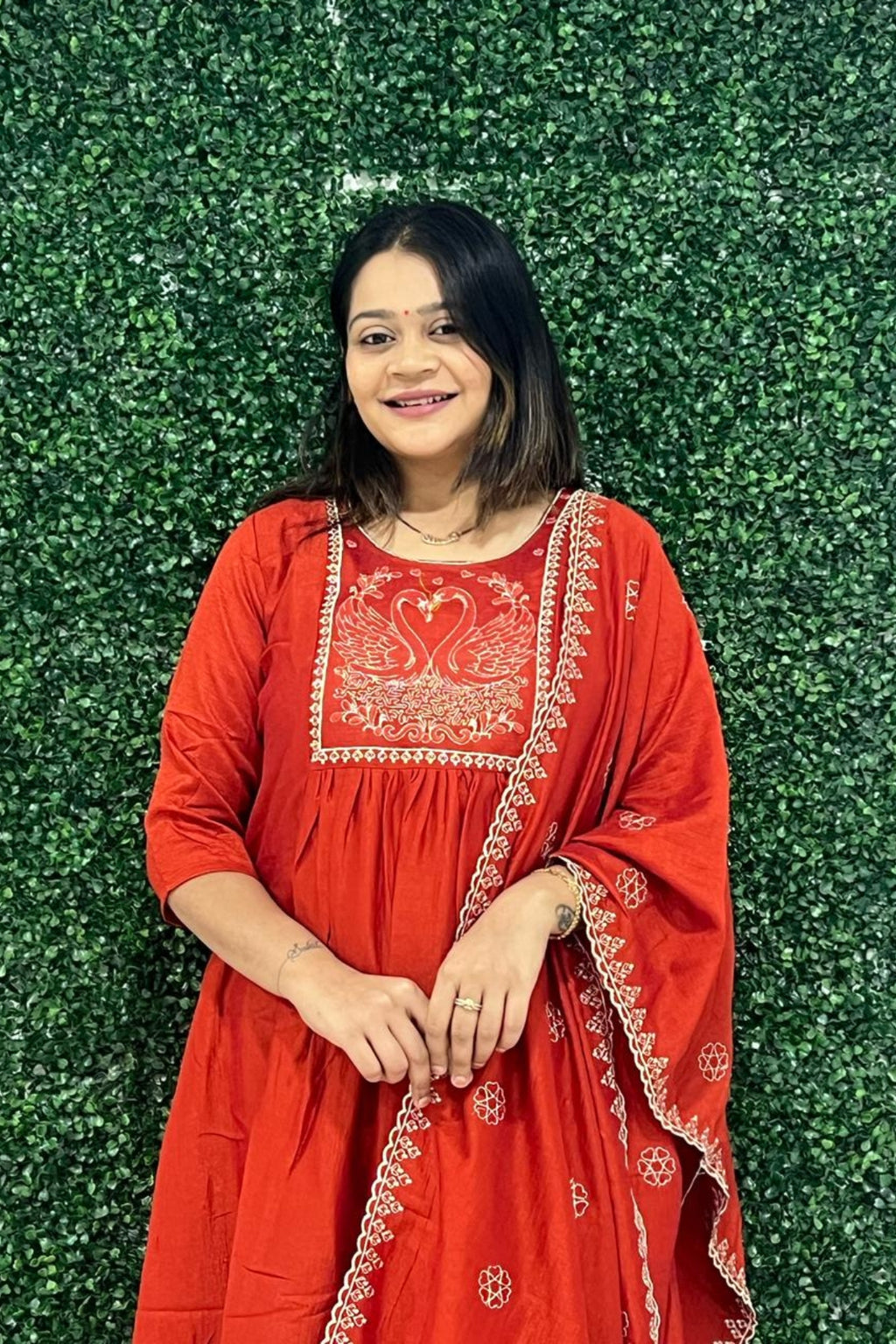 rust art silk embroidery kurta set