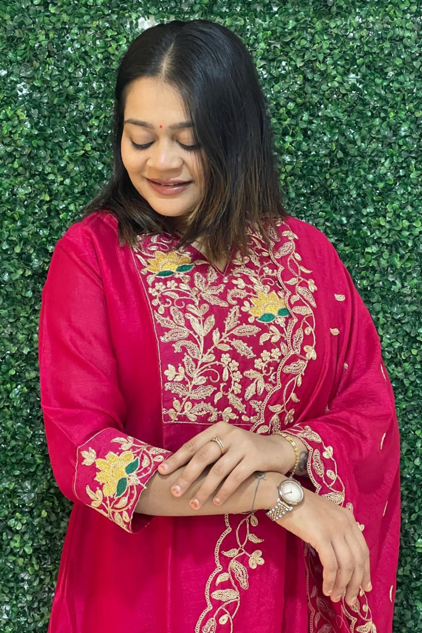 pink art silk embroidery kurta set