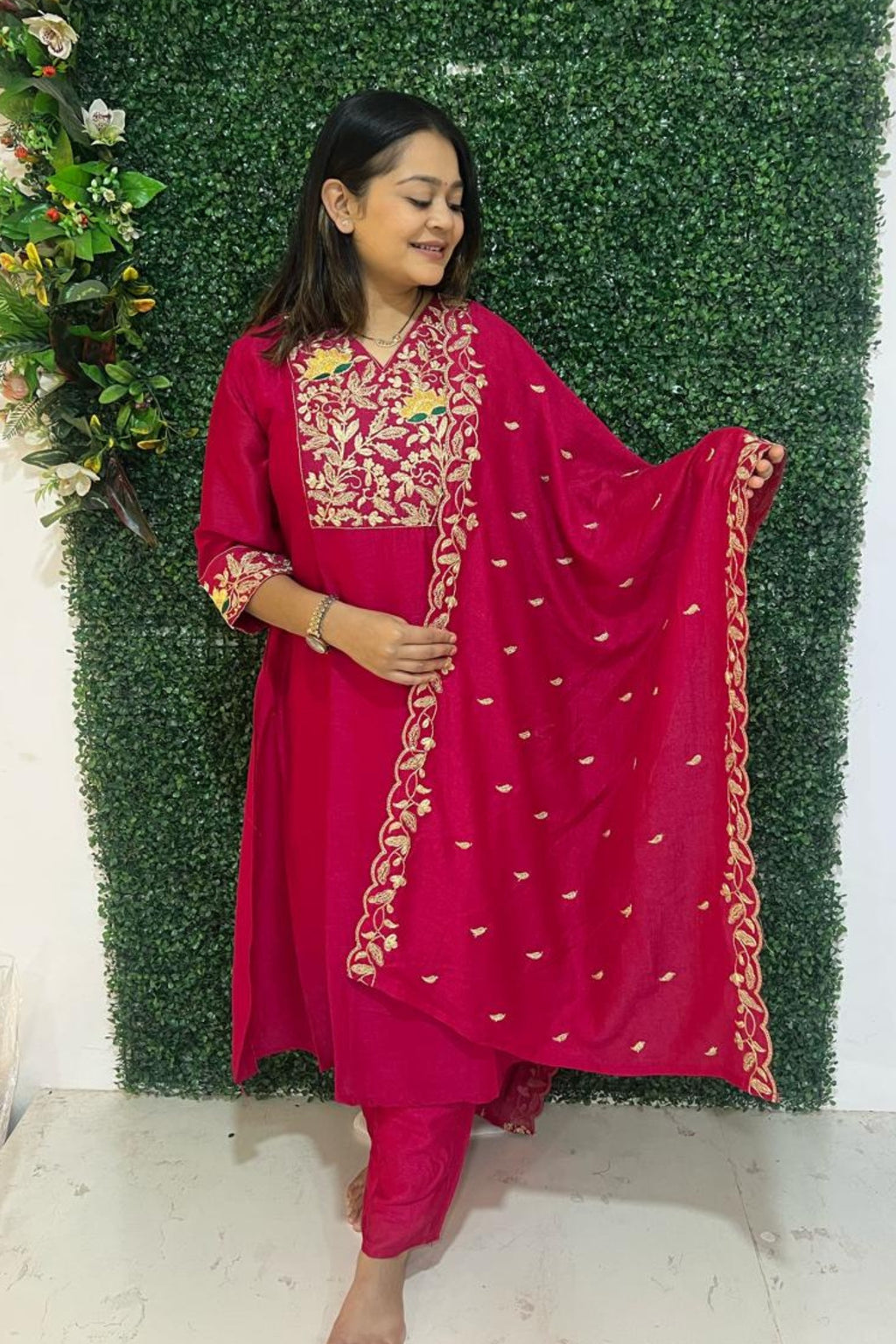 pink art silk embroidery kurta set