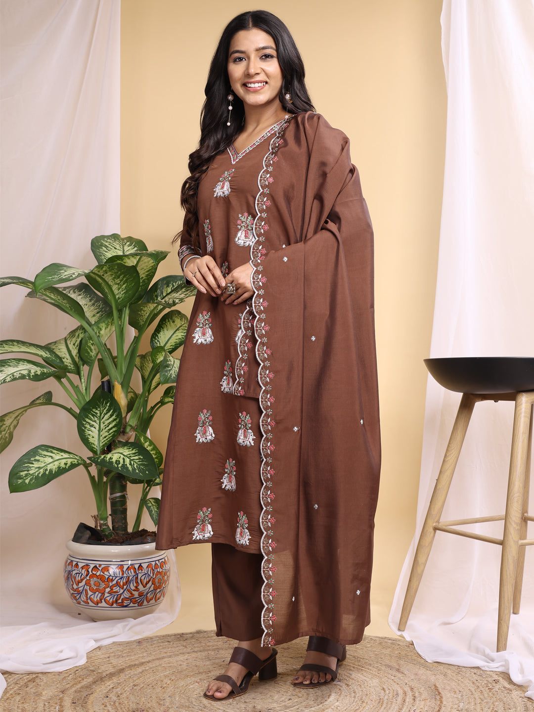 Brown Silk embroidery Kurta set with Dupatta