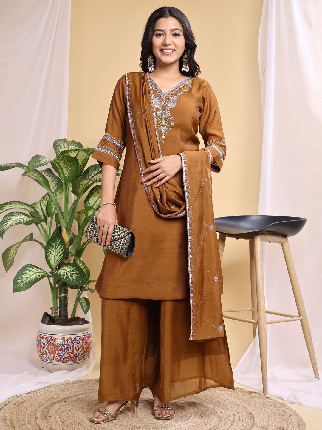 Copper Mal Cotton Embroidery With Hand Work Kurta Set