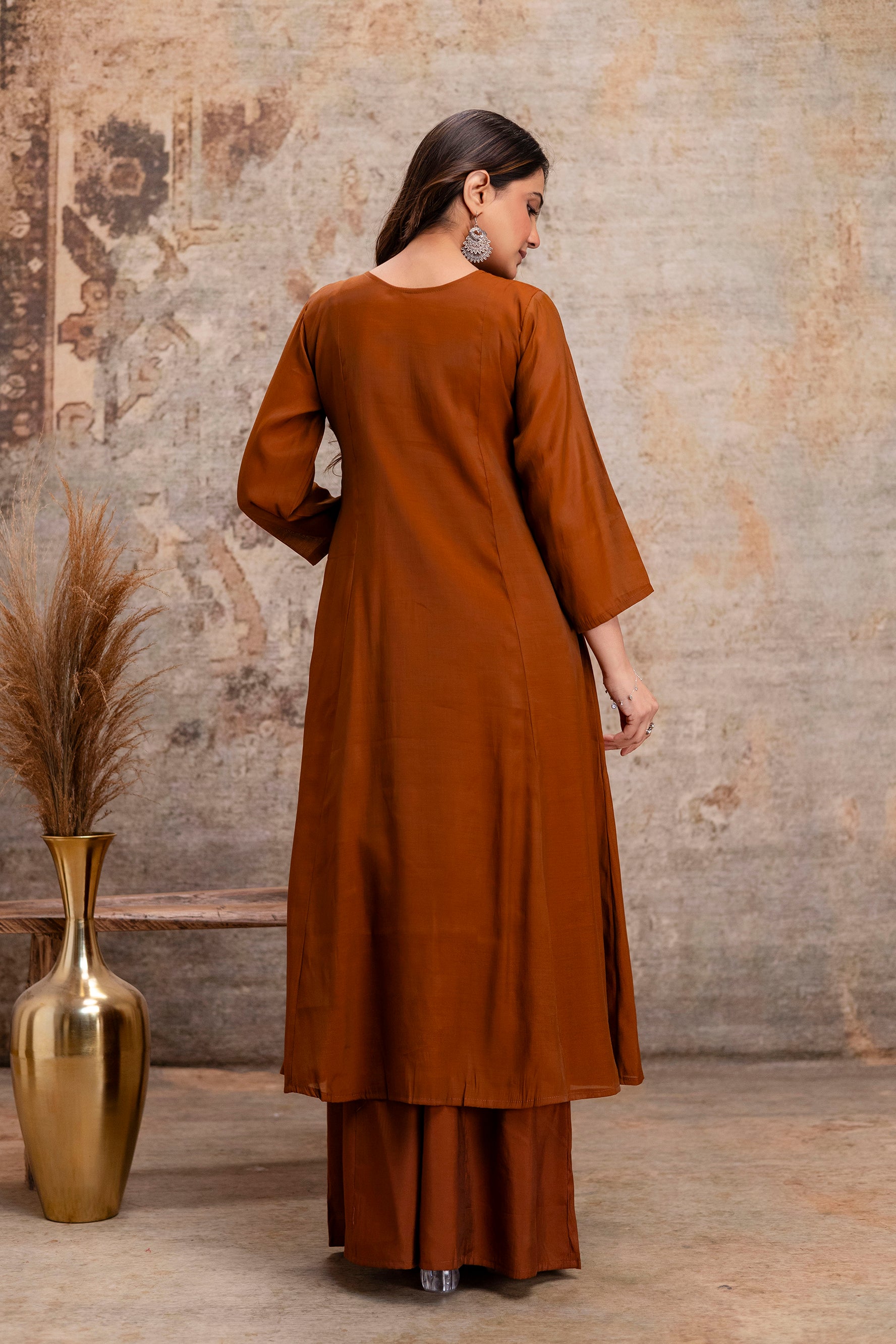 brown hand work cotton kurta set