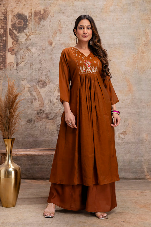 brown hand work cotton kurta set