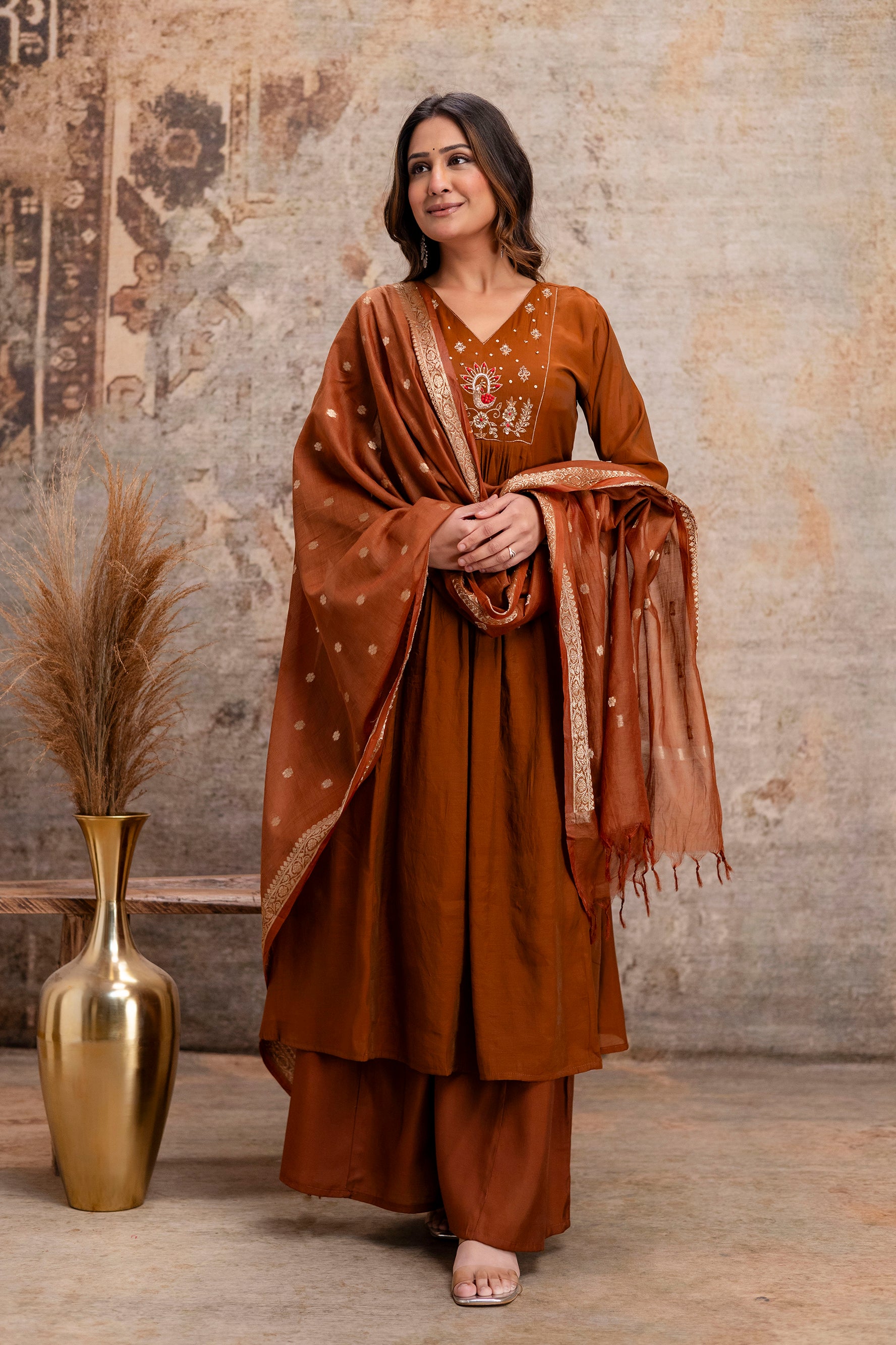 brown hand work cotton kurta set