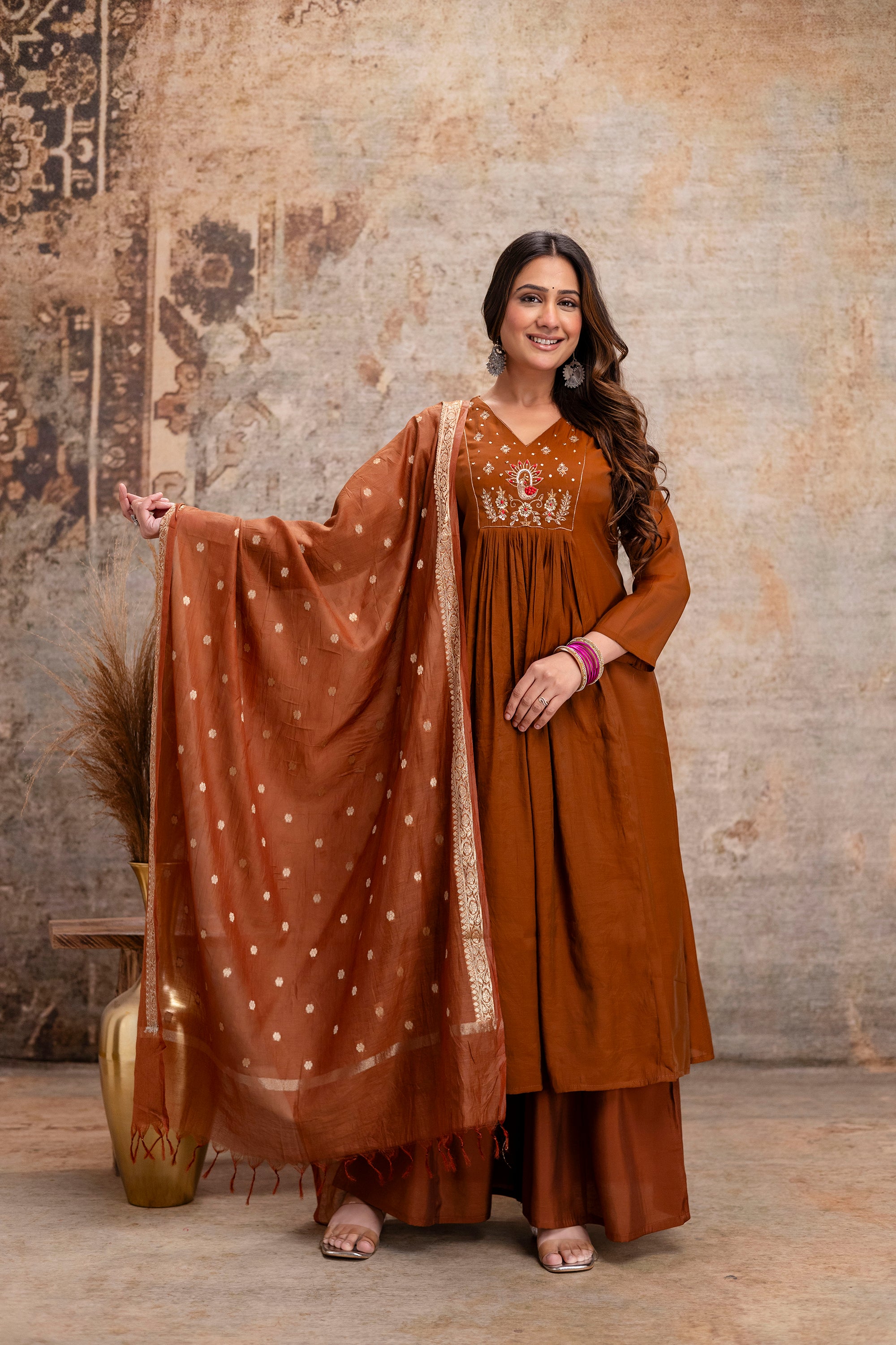brown hand work cotton kurta set