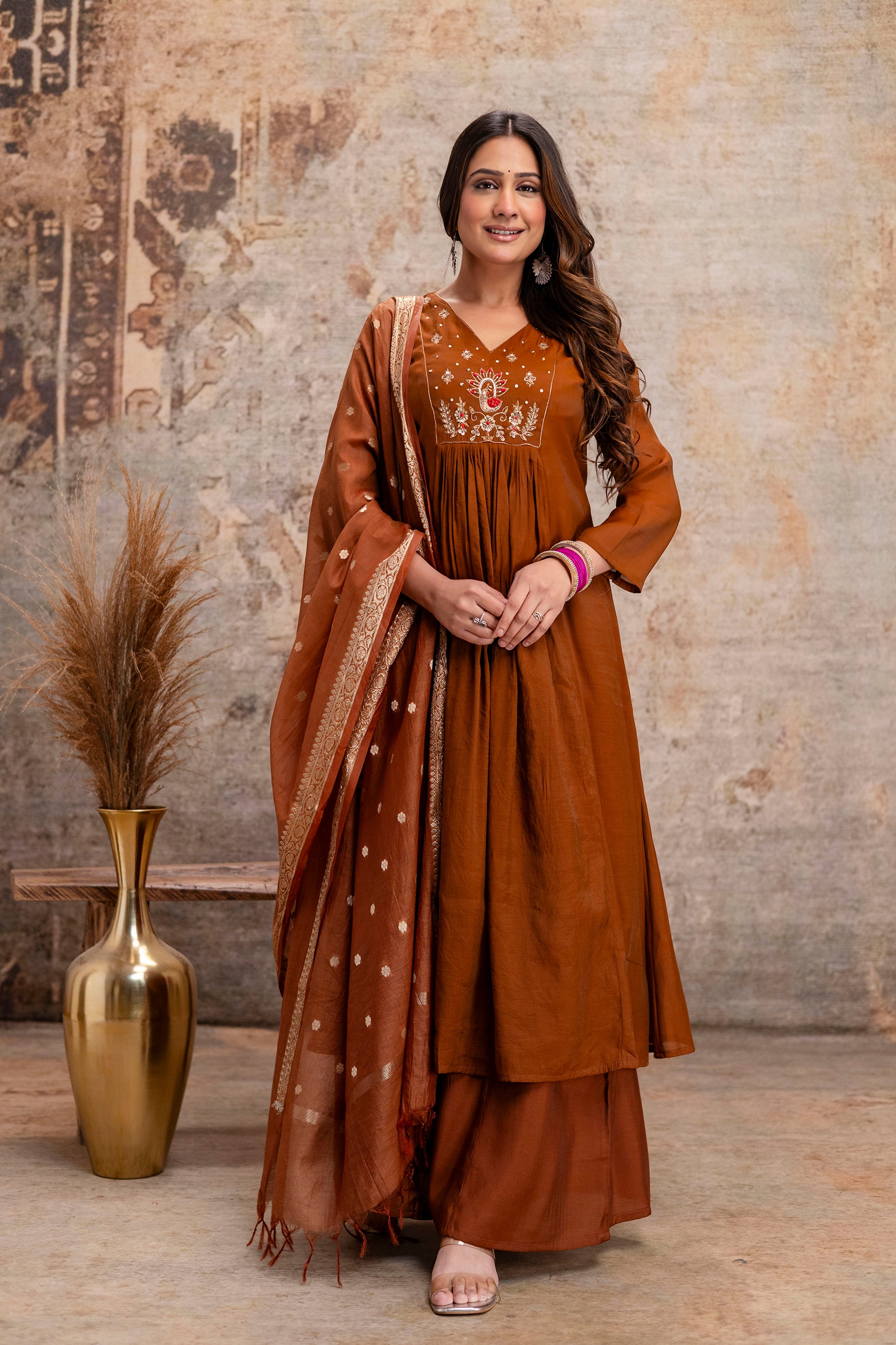 brown hand work cotton kurta set