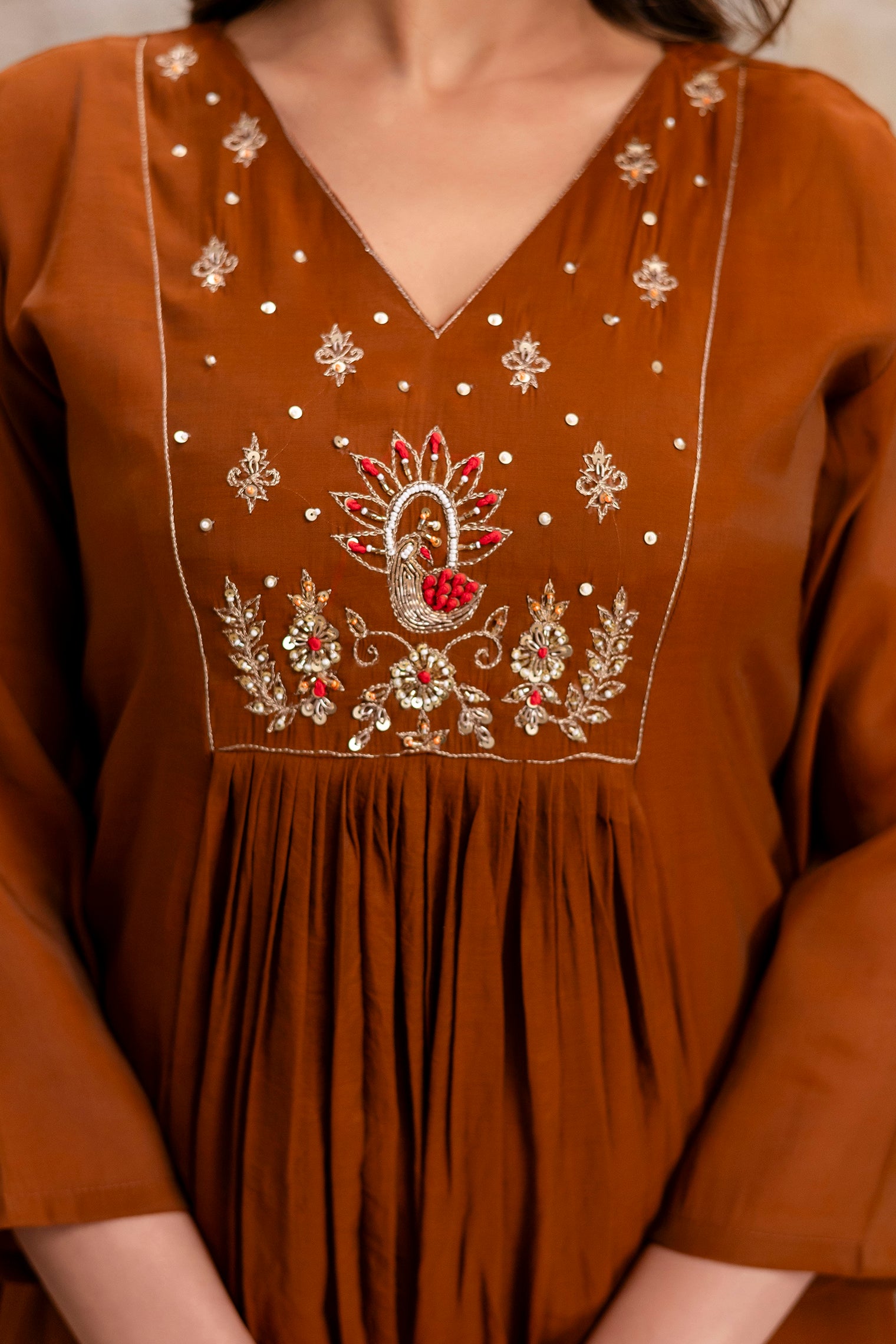 brown hand work cotton kurta set