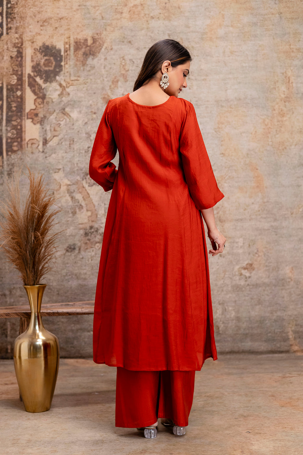 orange cotton hand work kurta set