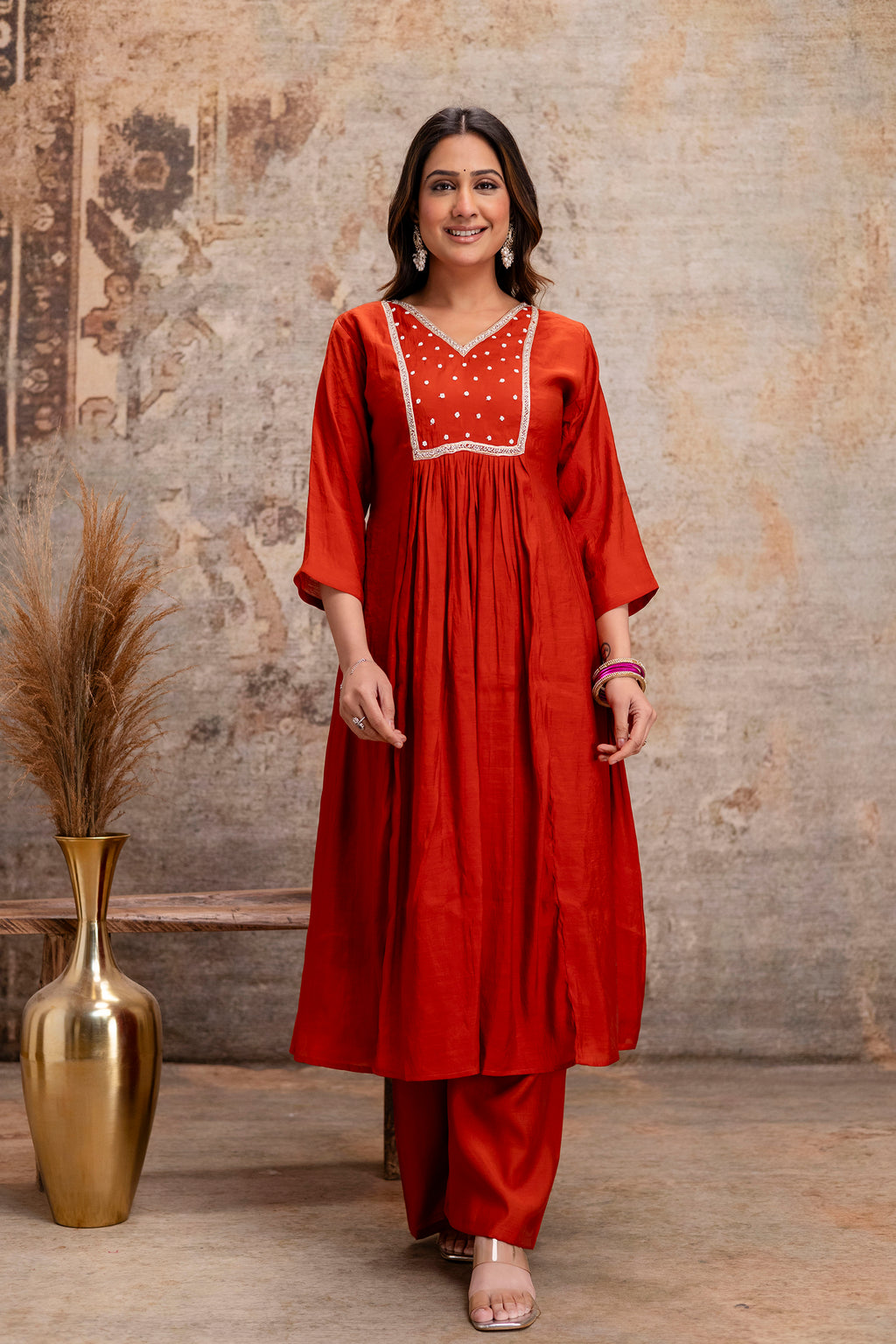 orange cotton hand work kurta set