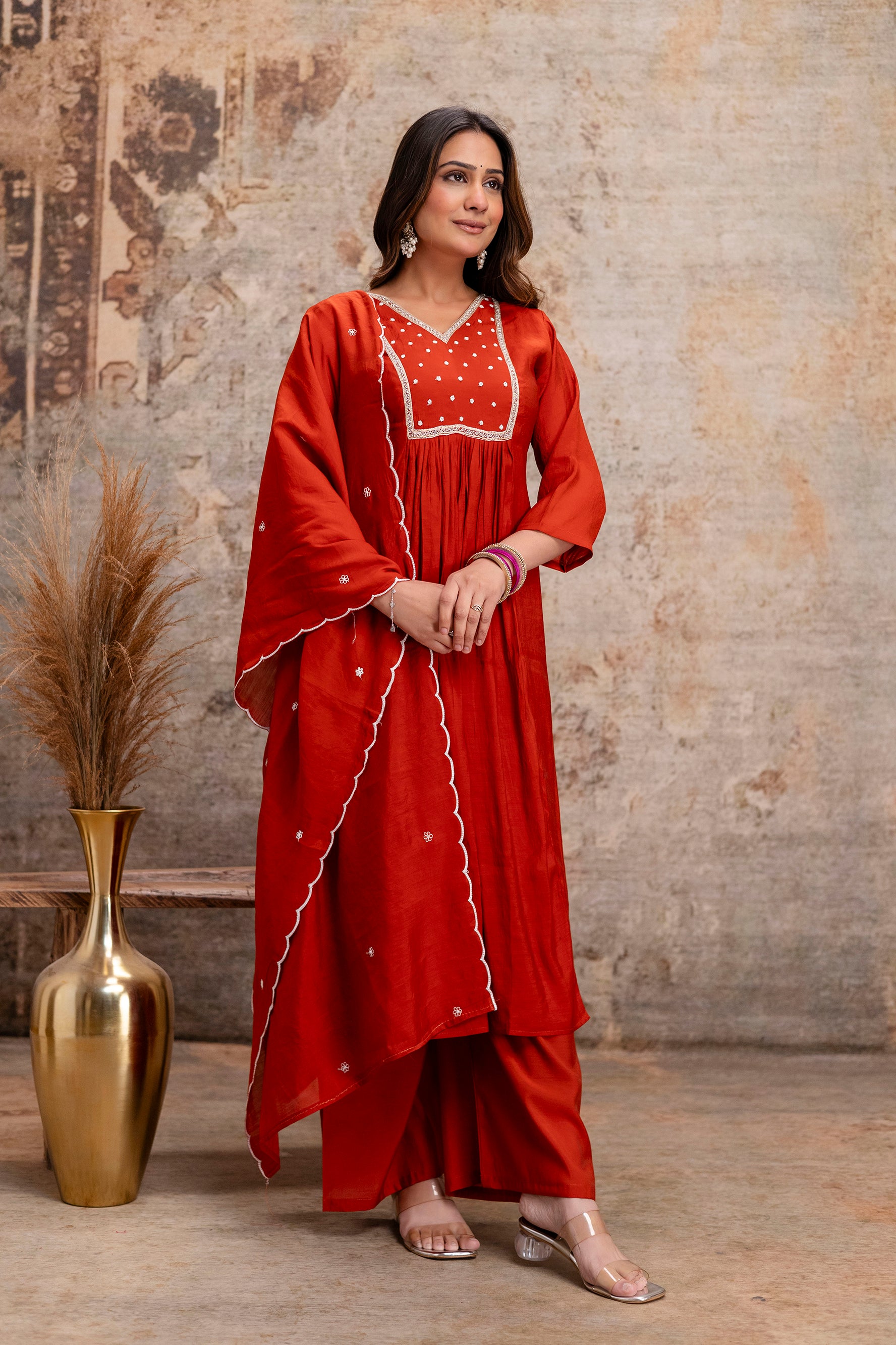 orange cotton hand work kurta set