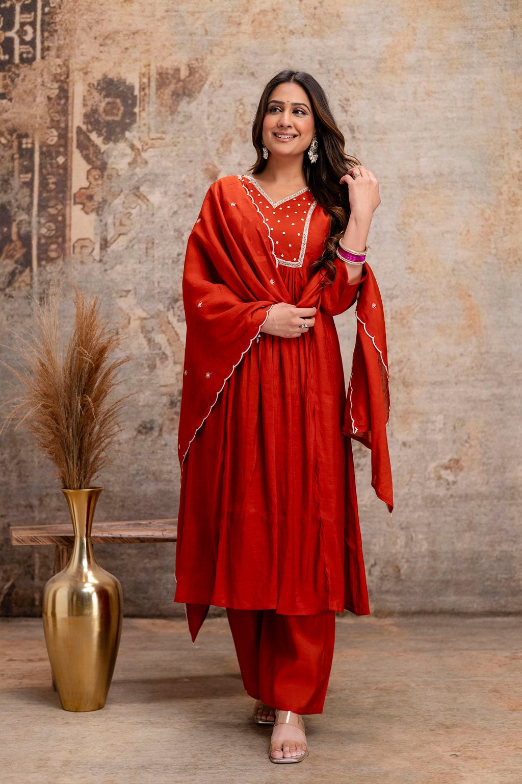 orange cotton hand work kurta set