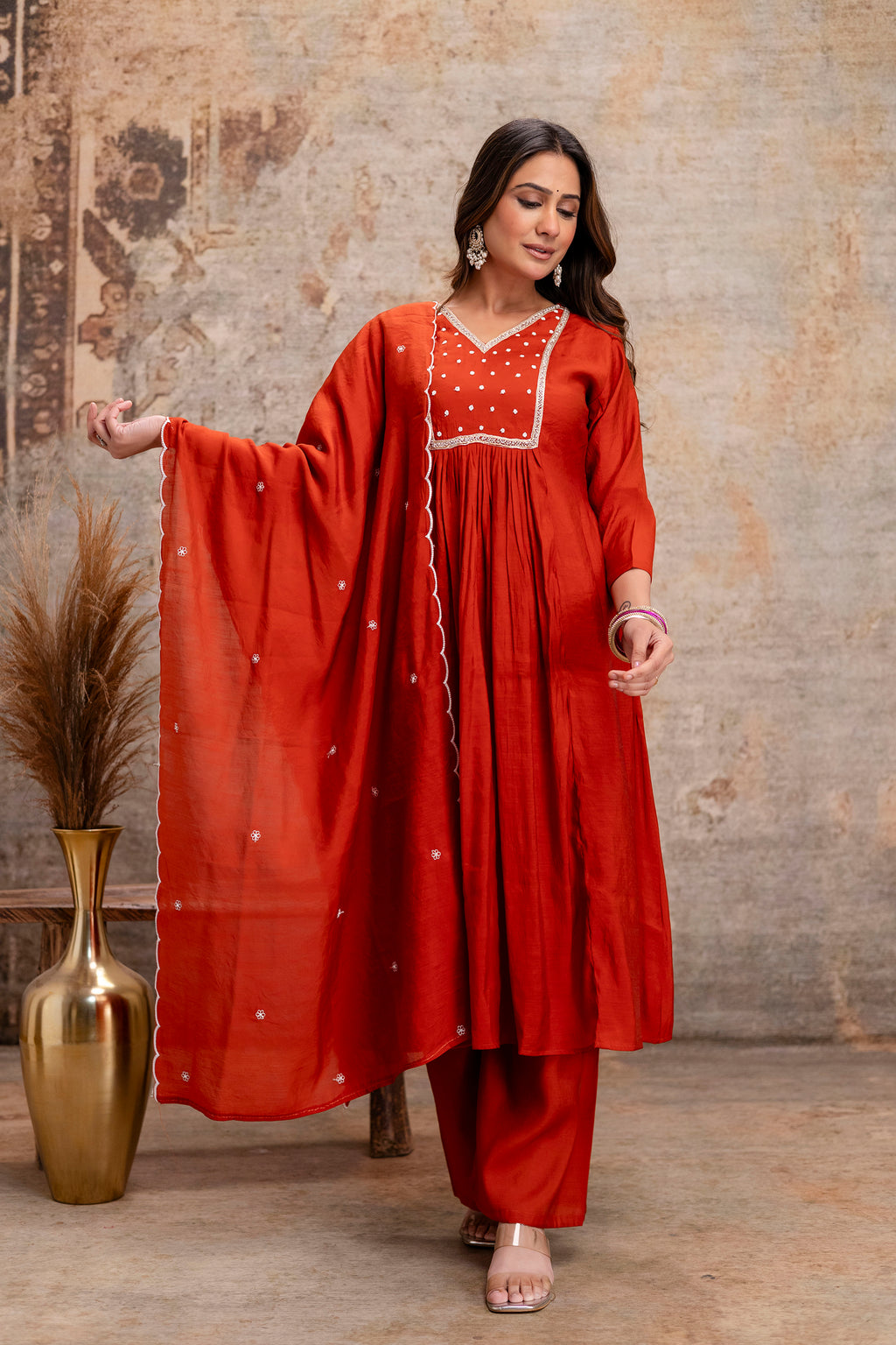 orange cotton hand work kurta set