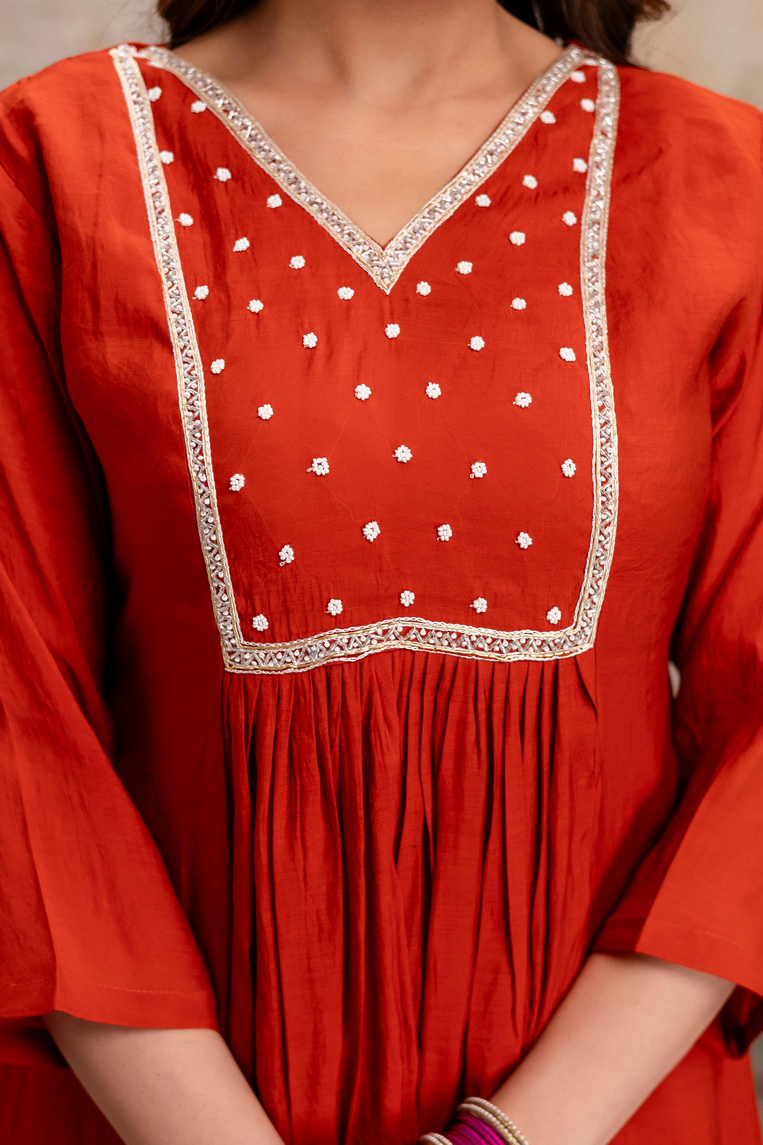 orange cotton hand work kurta set