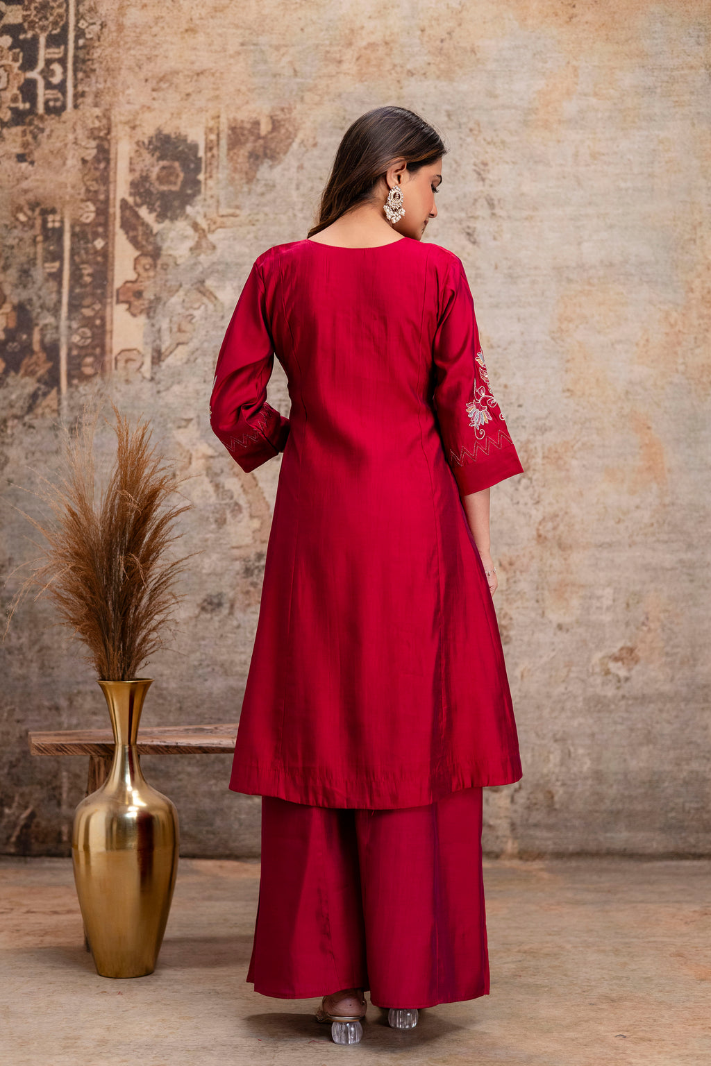 rani pink silk hand work kurta set