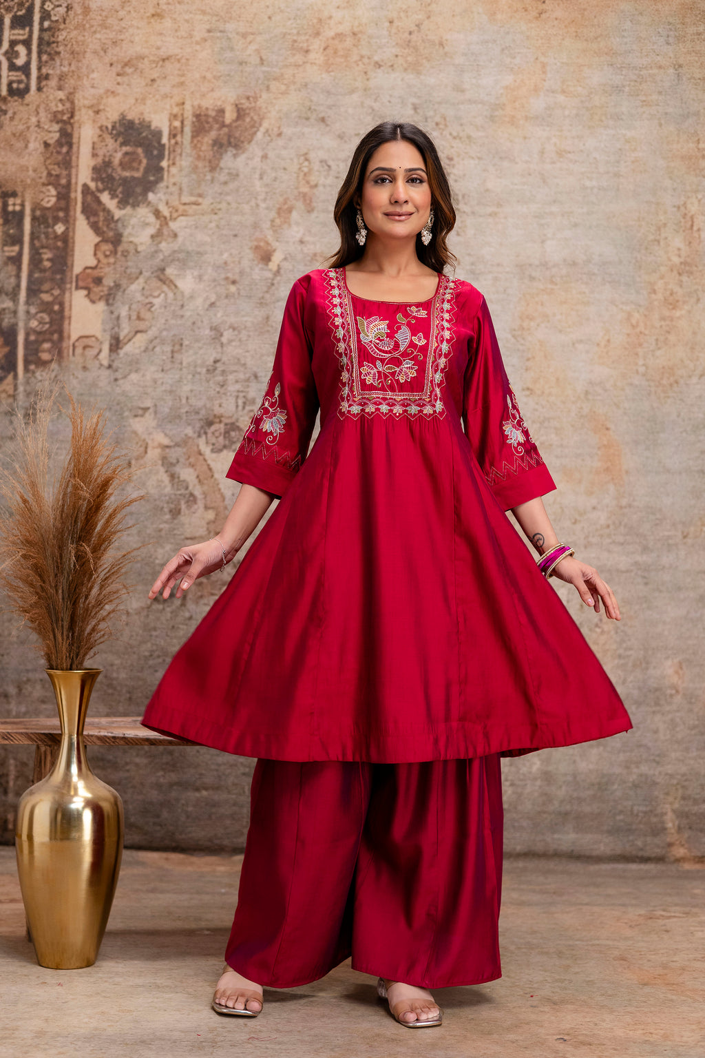 rani pink silk hand work kurta set
