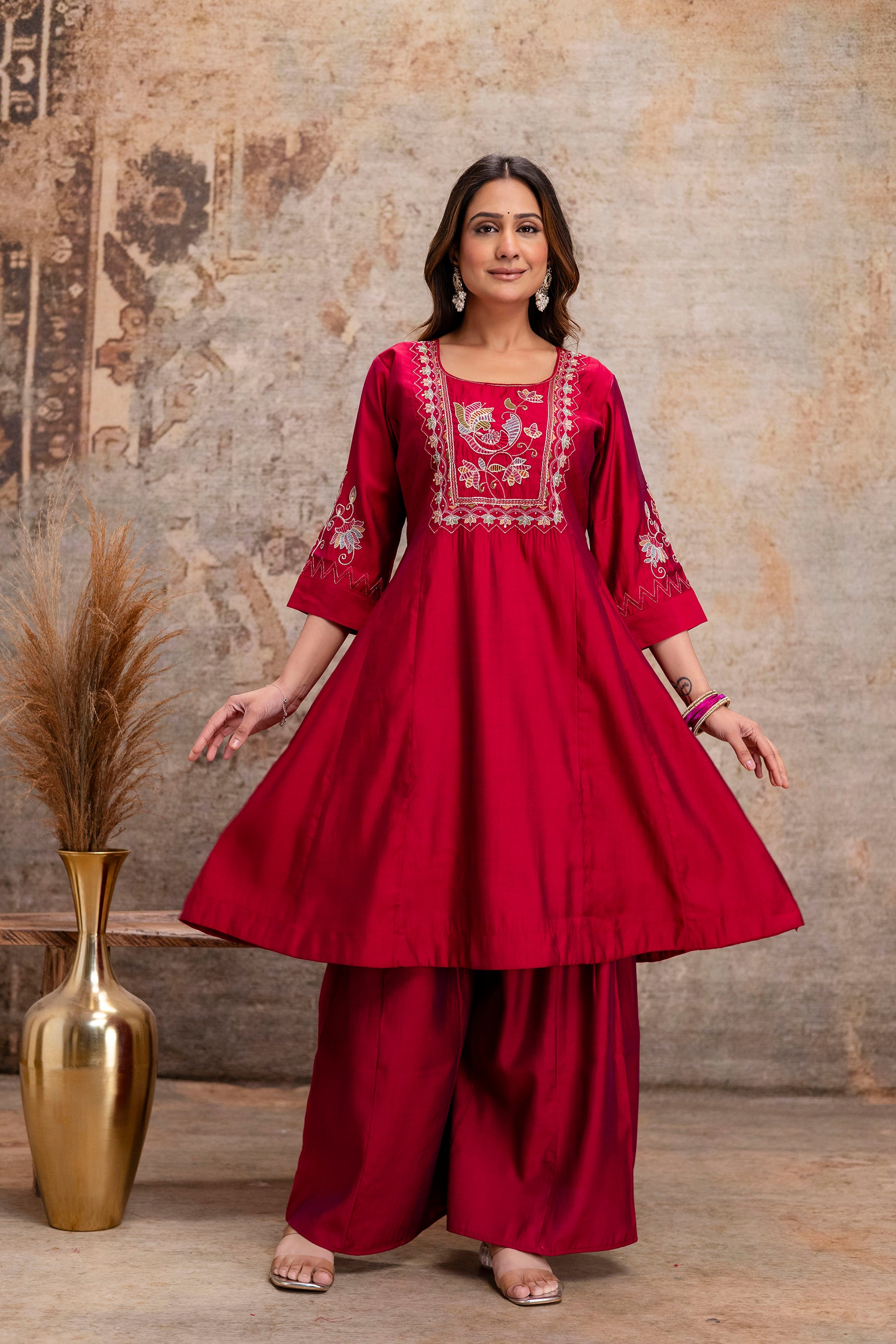 rani pink silk hand work kurta set