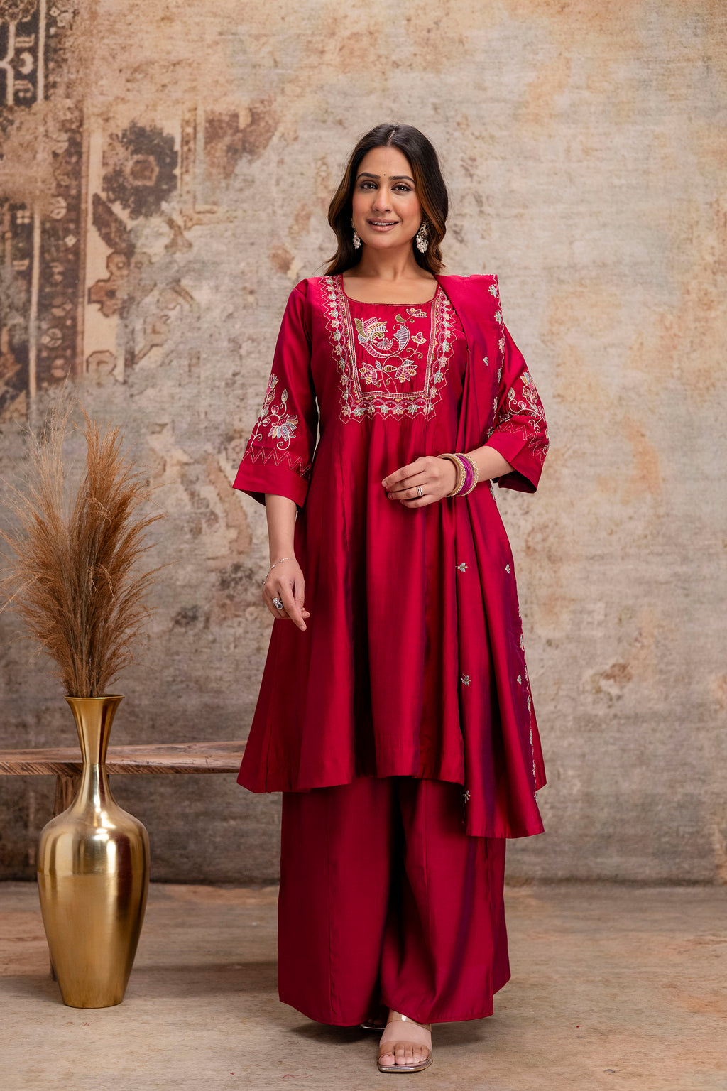 rani pink silk hand work kurta set
