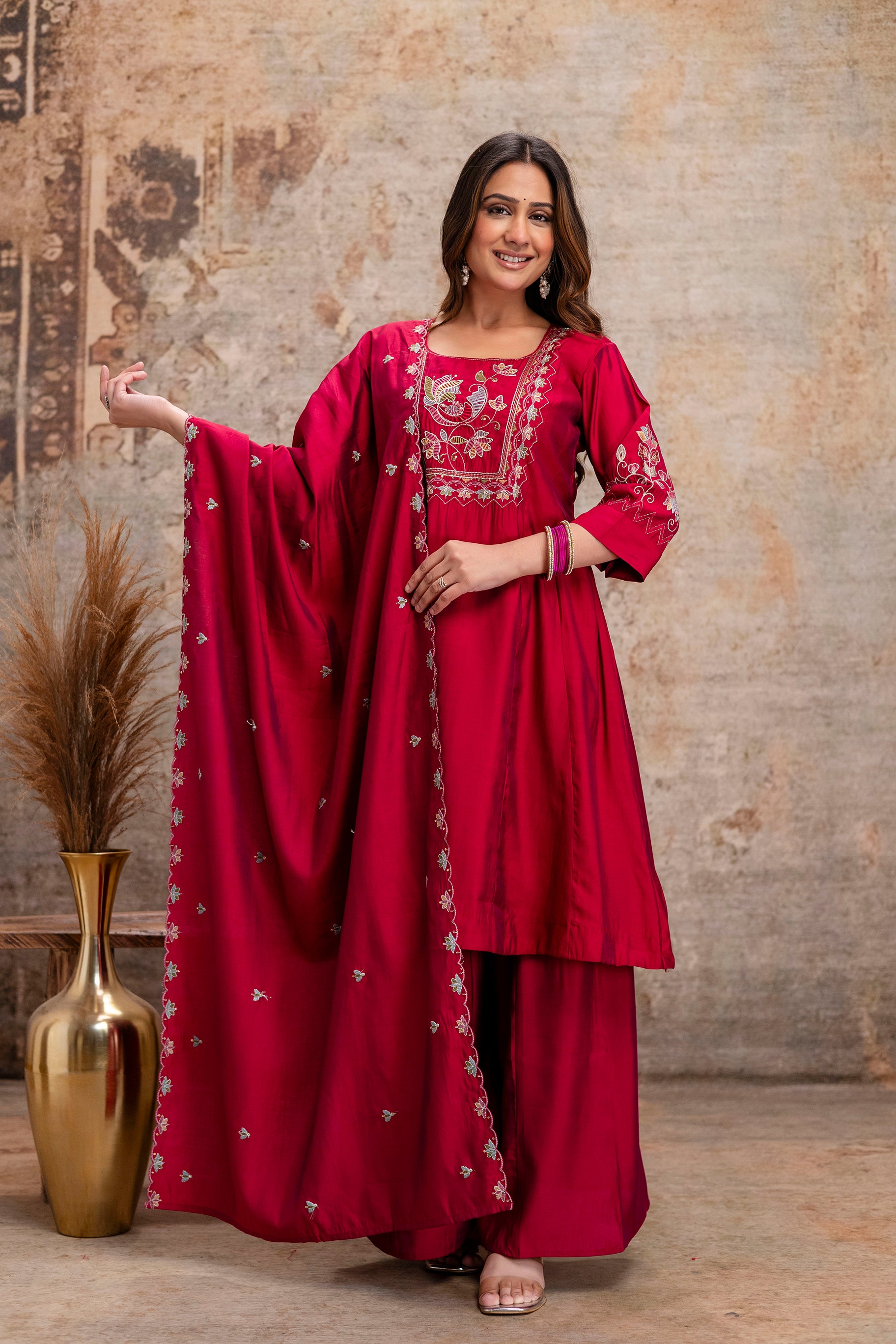 rani pink silk hand work kurta set