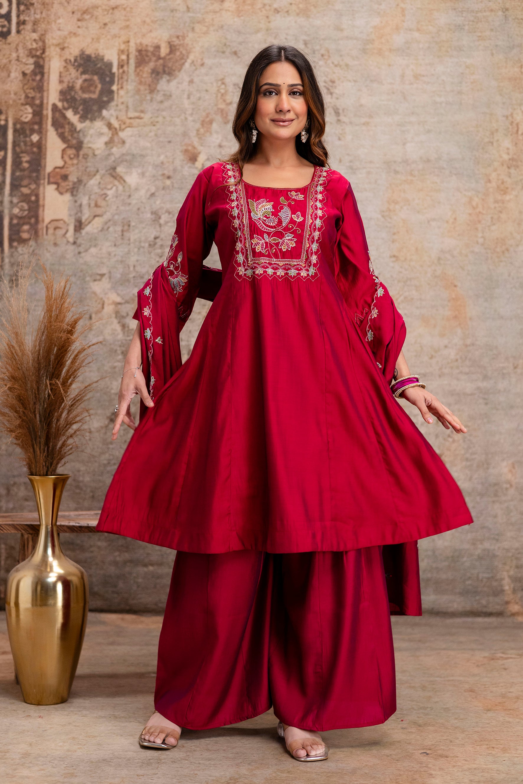 rani pink silk hand work kurta set