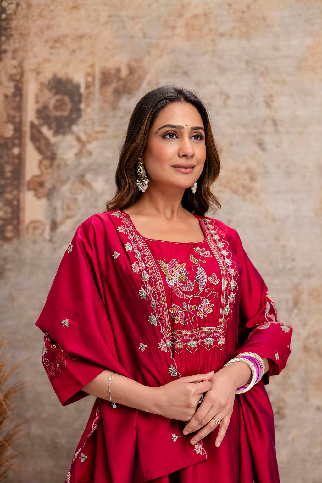 rani pink silk hand work kurta set