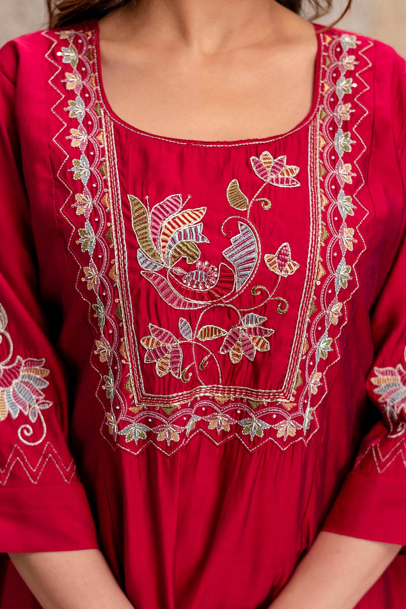 rani pink silk hand work kurta set